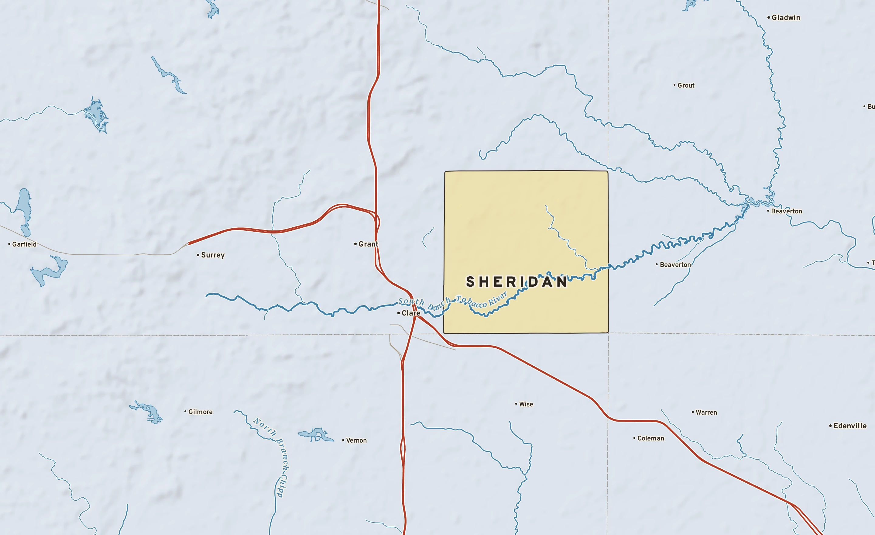 Shaded-relief atlas plate of Sheridan, Michigan: rivers, roads, the city limits and where the water drains.