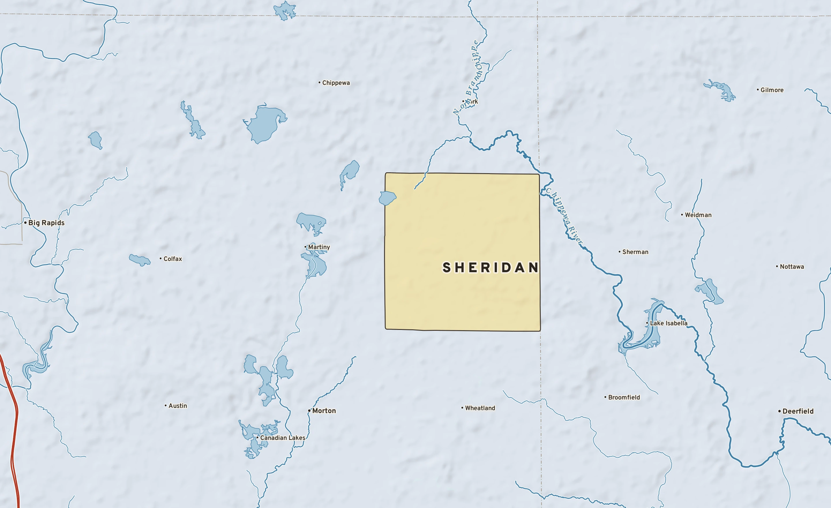 Shaded-relief atlas plate of Sheridan, Michigan: rivers, roads, the city limits and where the water drains.