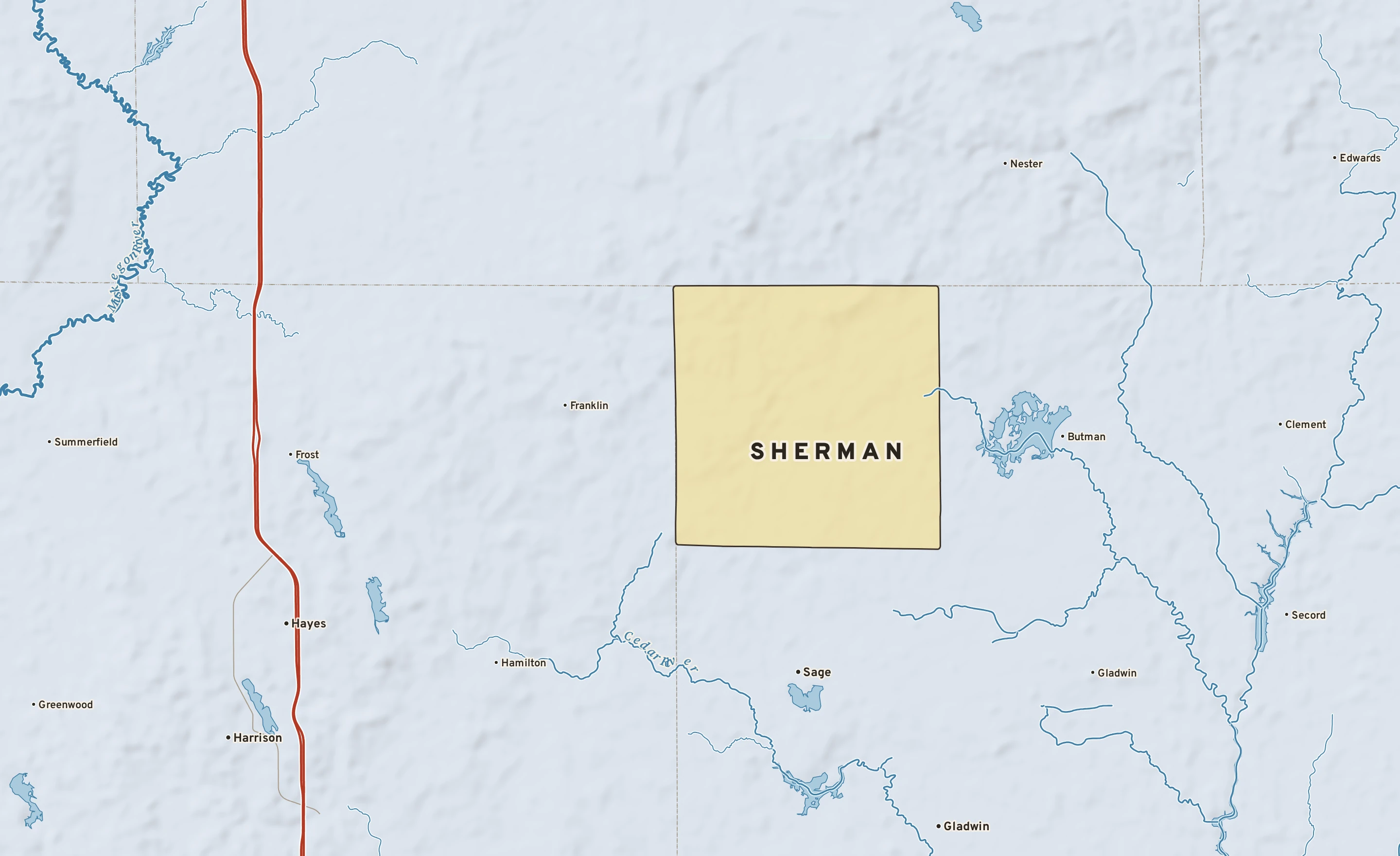 Shaded-relief atlas plate of Sherman, Michigan: rivers, roads, the city limits and where the water drains.