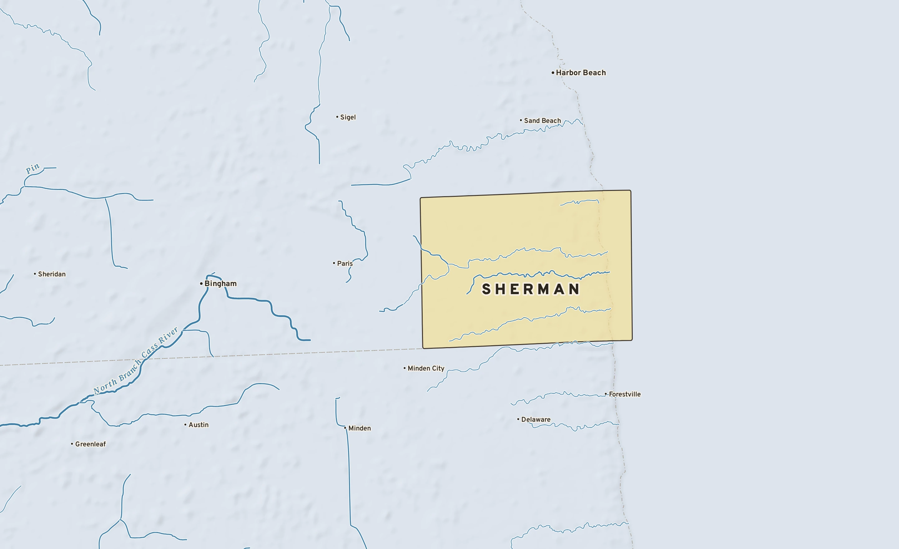 Shaded-relief atlas plate of Sherman, Michigan: rivers, roads, the city limits and where the water drains.