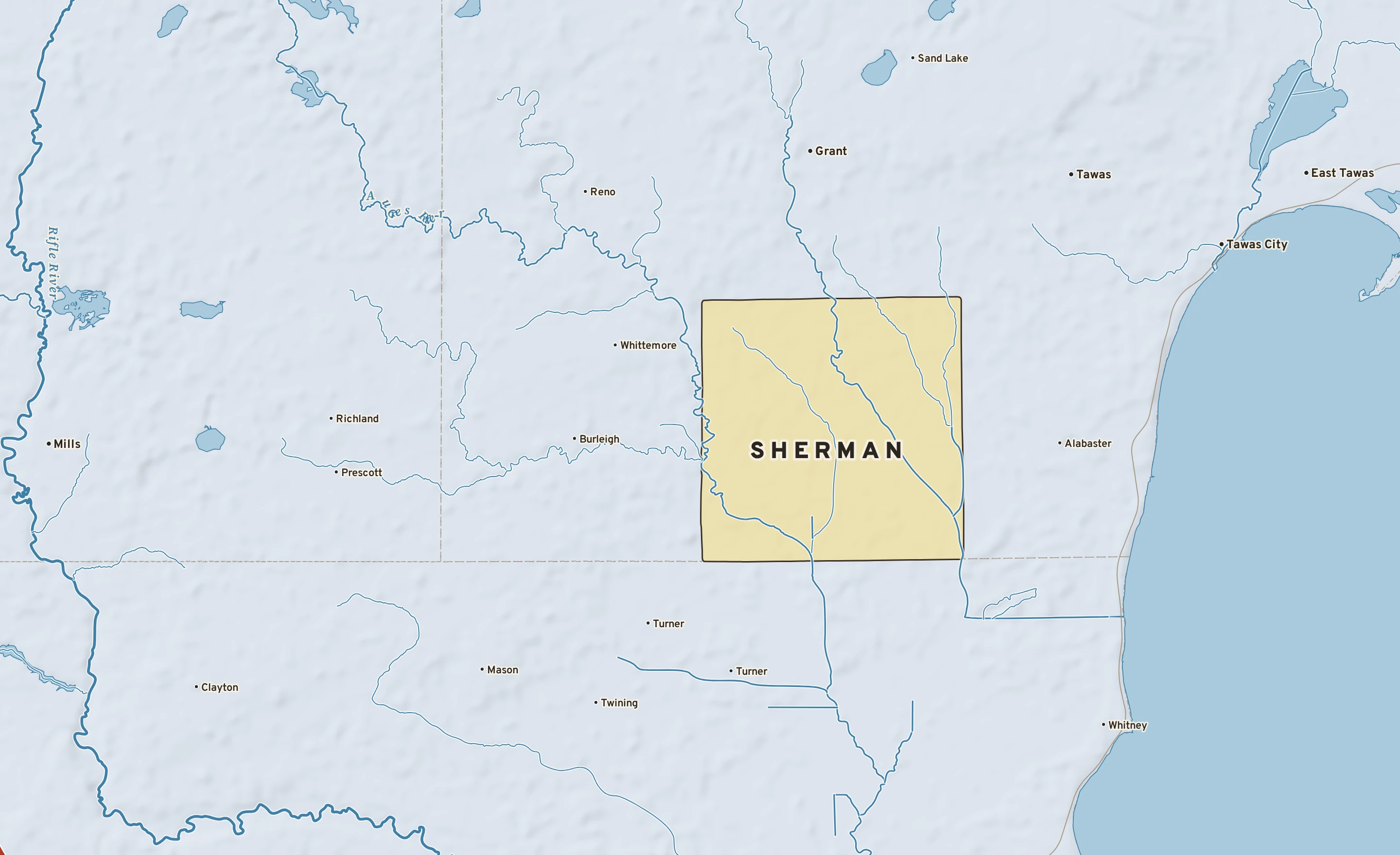 Shaded-relief atlas plate of Sherman, Michigan: rivers, roads, the city limits and where the water drains.