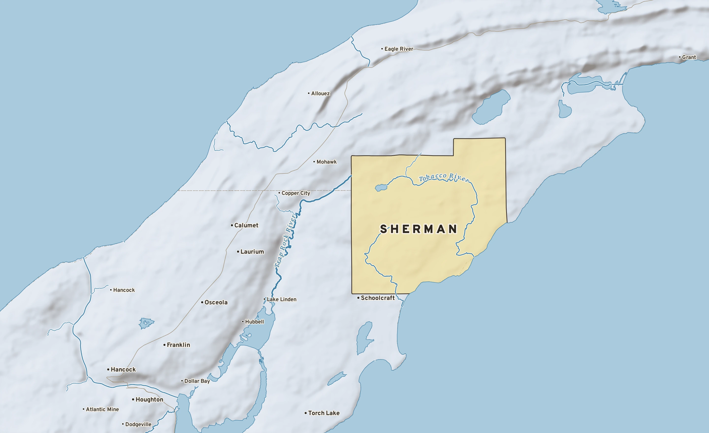Shaded-relief atlas plate of Sherman, Michigan: rivers, roads, the city limits and where the water drains.