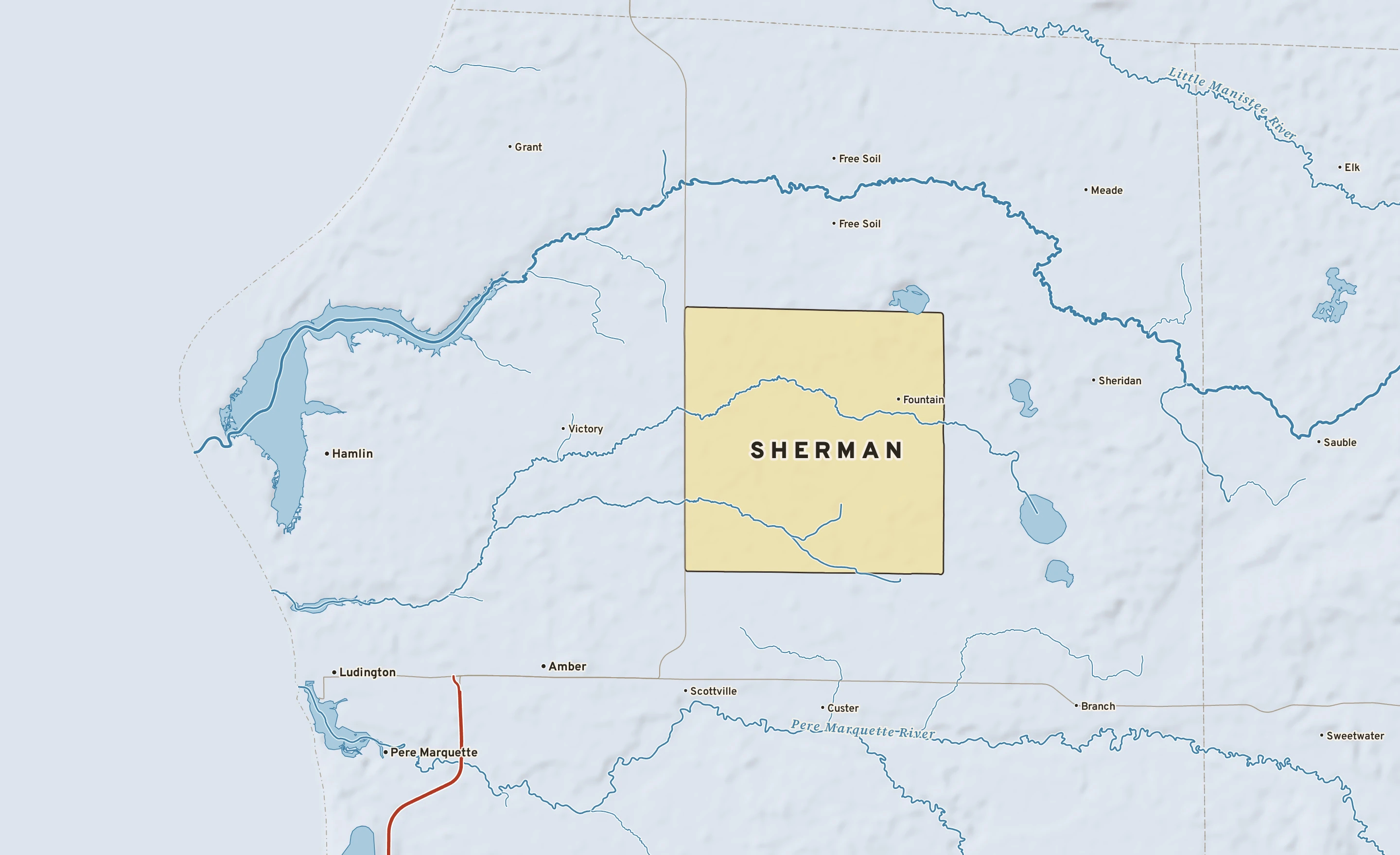 Shaded-relief atlas plate of Sherman, Michigan: rivers, roads, the city limits and where the water drains.