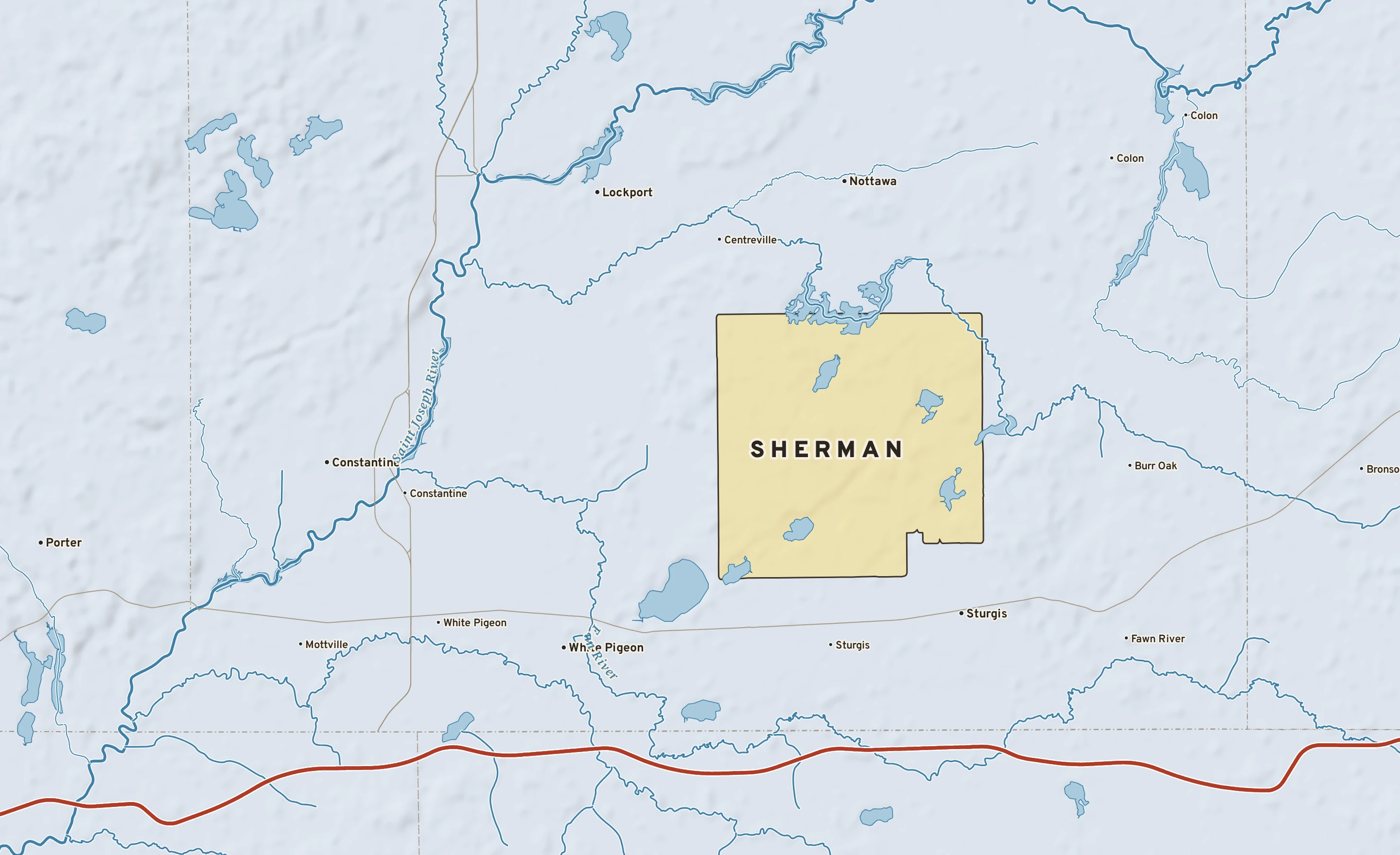 Shaded-relief atlas plate of Sherman, Michigan: rivers, roads, the city limits and where the water drains.