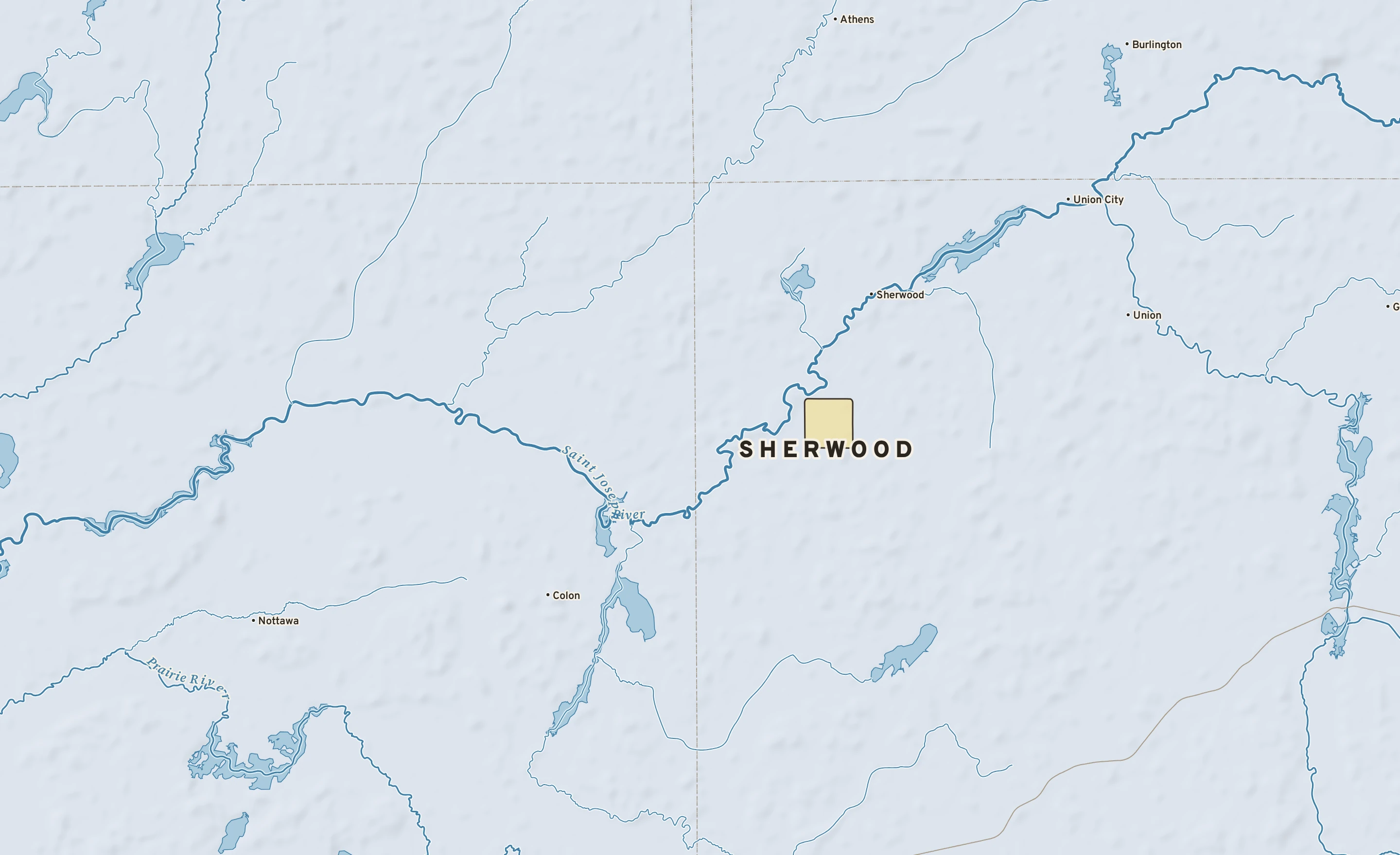 Shaded-relief atlas plate of Sherwood, Michigan: rivers, roads, the city limits and where the water drains.