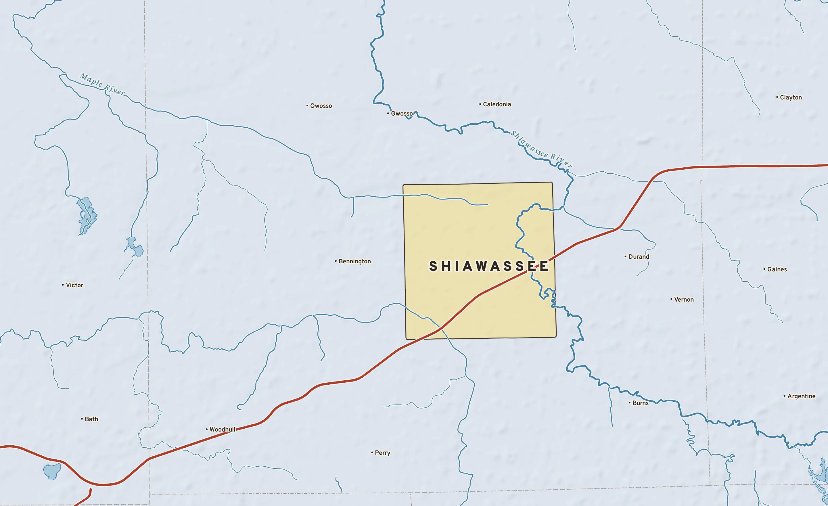 Shaded-relief atlas plate of Shiawassee, Michigan: rivers, roads, the city limits and where the water drains.
