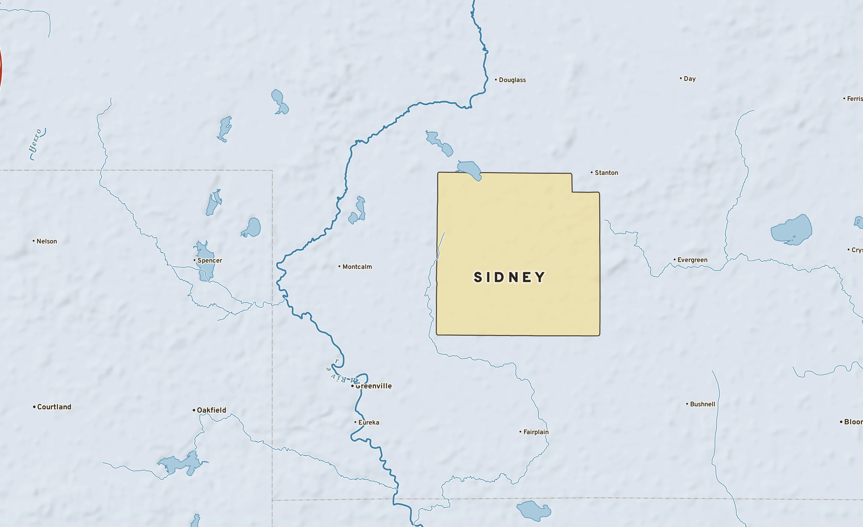 Shaded-relief atlas plate of Sidney, Michigan: rivers, roads, the city limits and where the water drains.