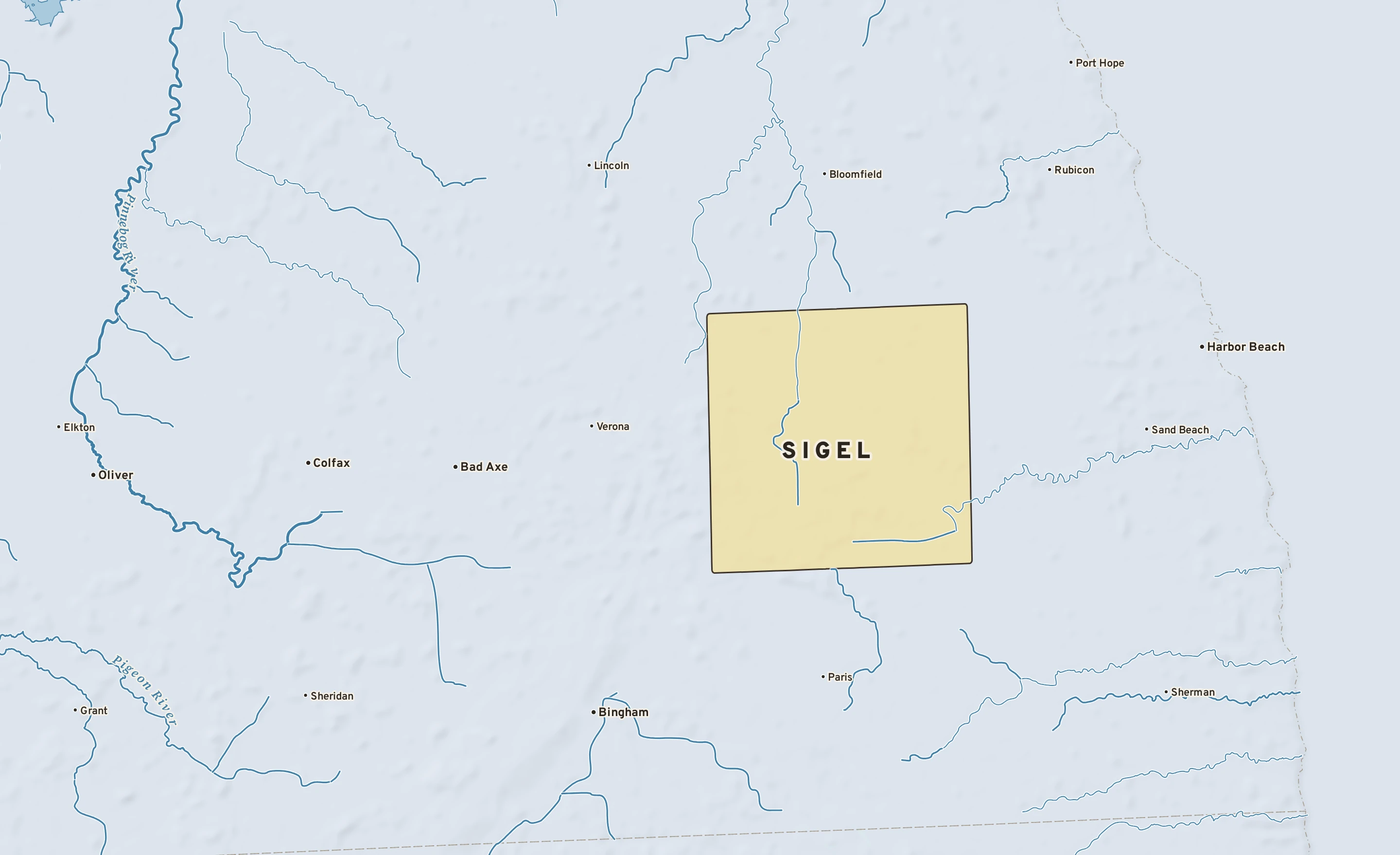 Shaded-relief atlas plate of Sigel, Michigan: rivers, roads, the city limits and where the water drains.