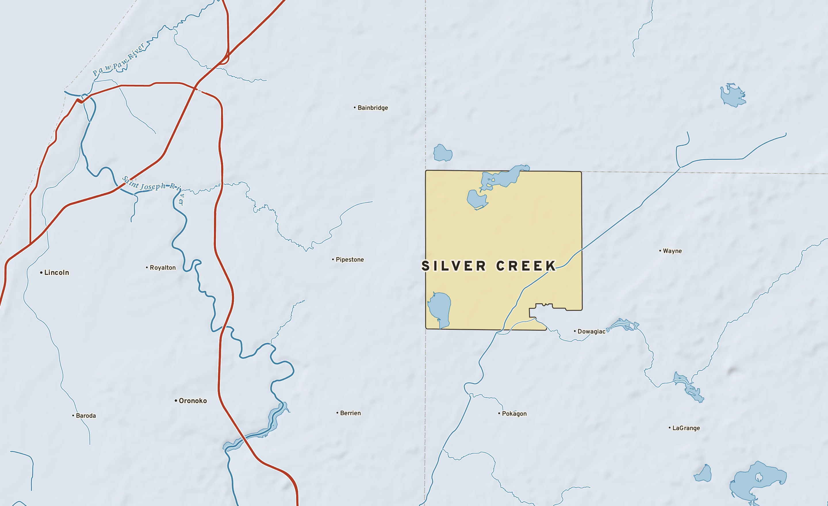 Shaded-relief atlas plate of Silver Creek, Michigan: rivers, roads, the city limits and where the water drains.