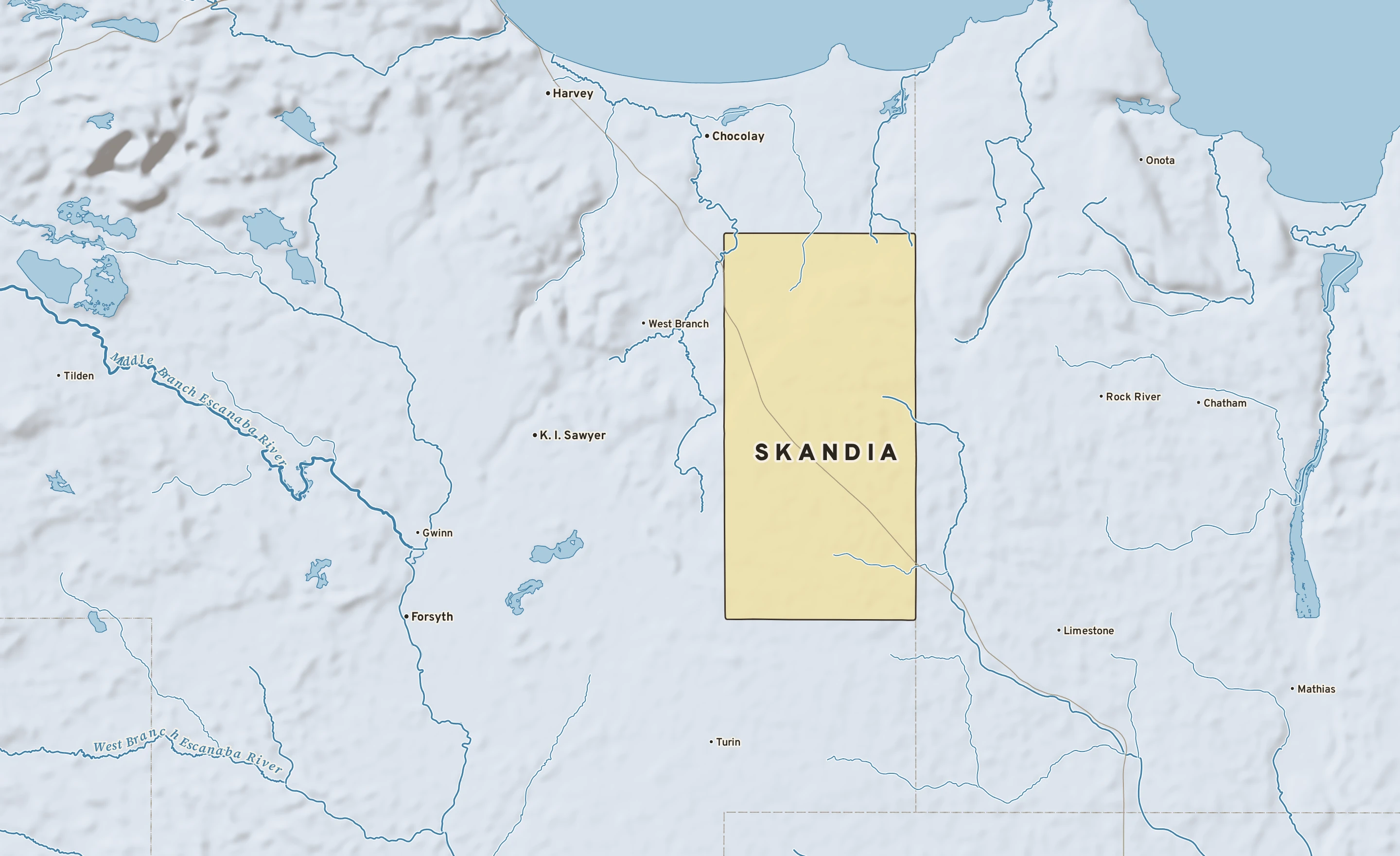 Shaded-relief atlas plate of Skandia, Michigan: rivers, roads, the city limits and where the water drains.