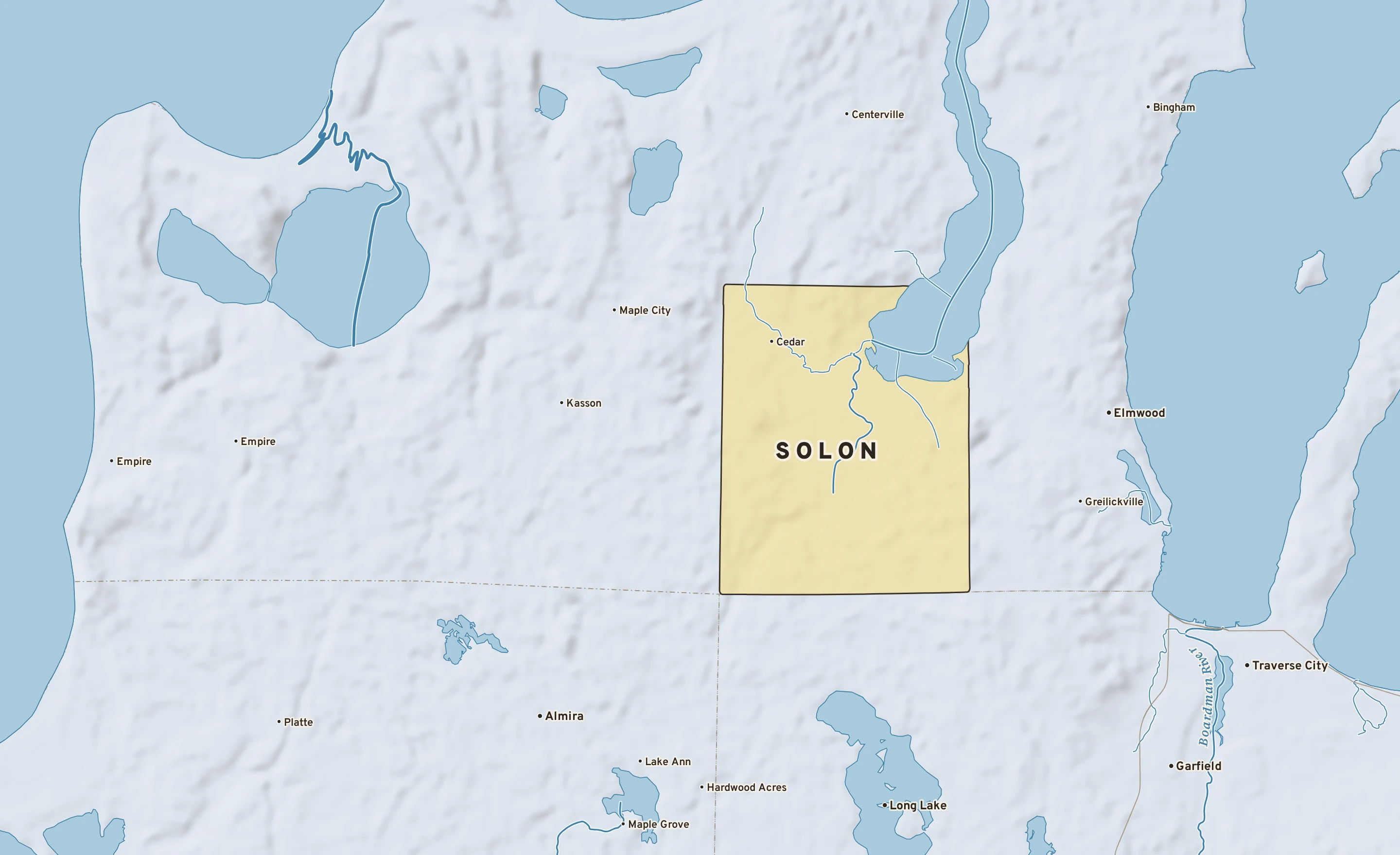Shaded-relief atlas plate of Solon, Michigan: rivers, roads, the city limits and where the water drains.