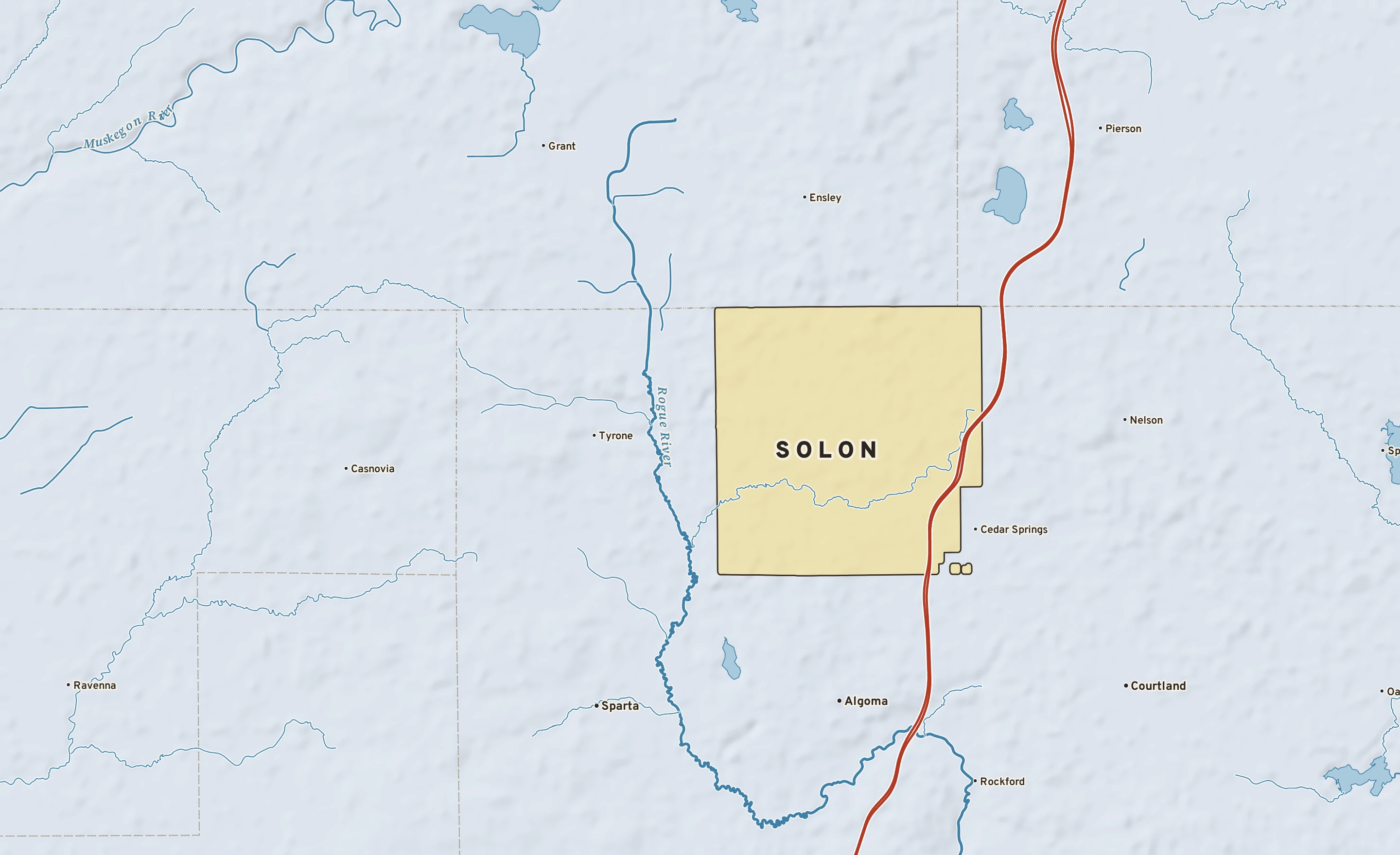 Shaded-relief atlas plate of Solon, Michigan: rivers, roads, the city limits and where the water drains.