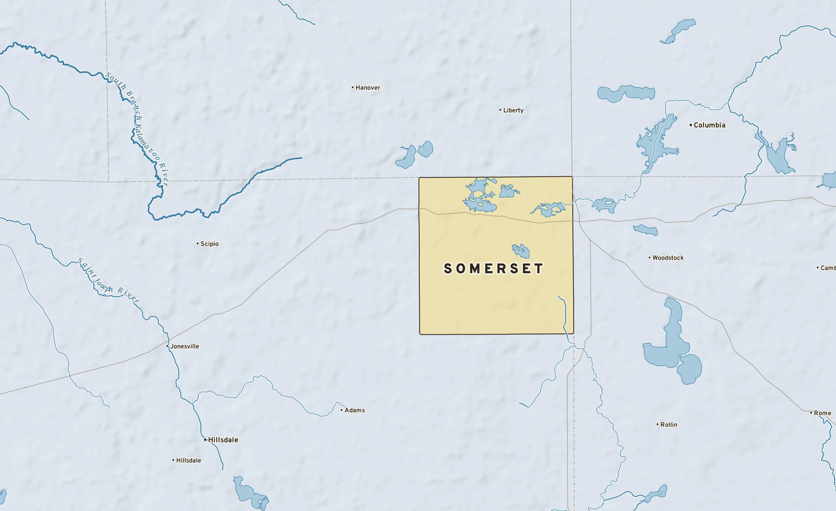 Shaded-relief atlas plate of Somerset, Michigan: rivers, roads, the city limits and where the water drains.