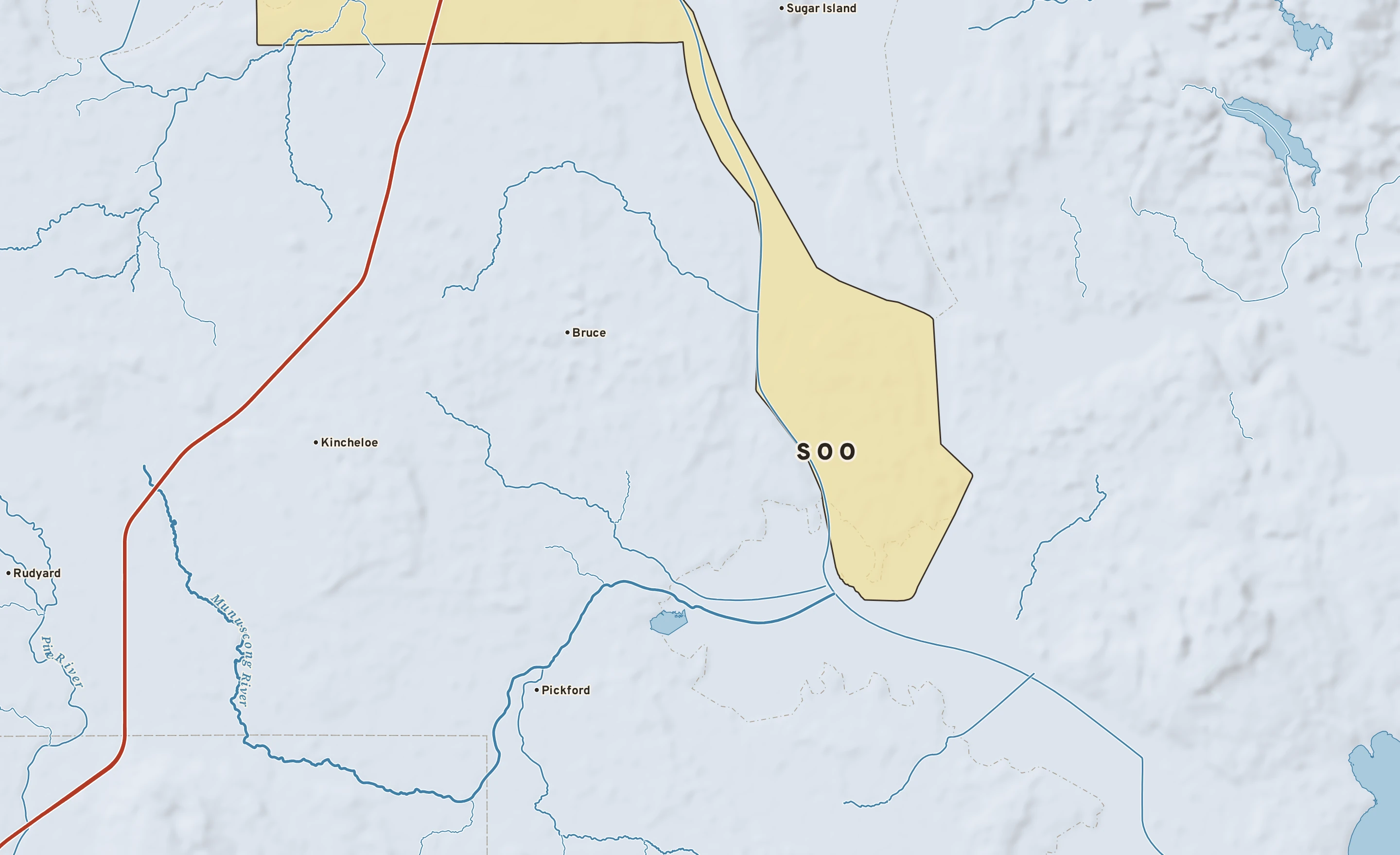 Shaded-relief atlas plate of Soo, Michigan: rivers, roads, the city limits and where the water drains.