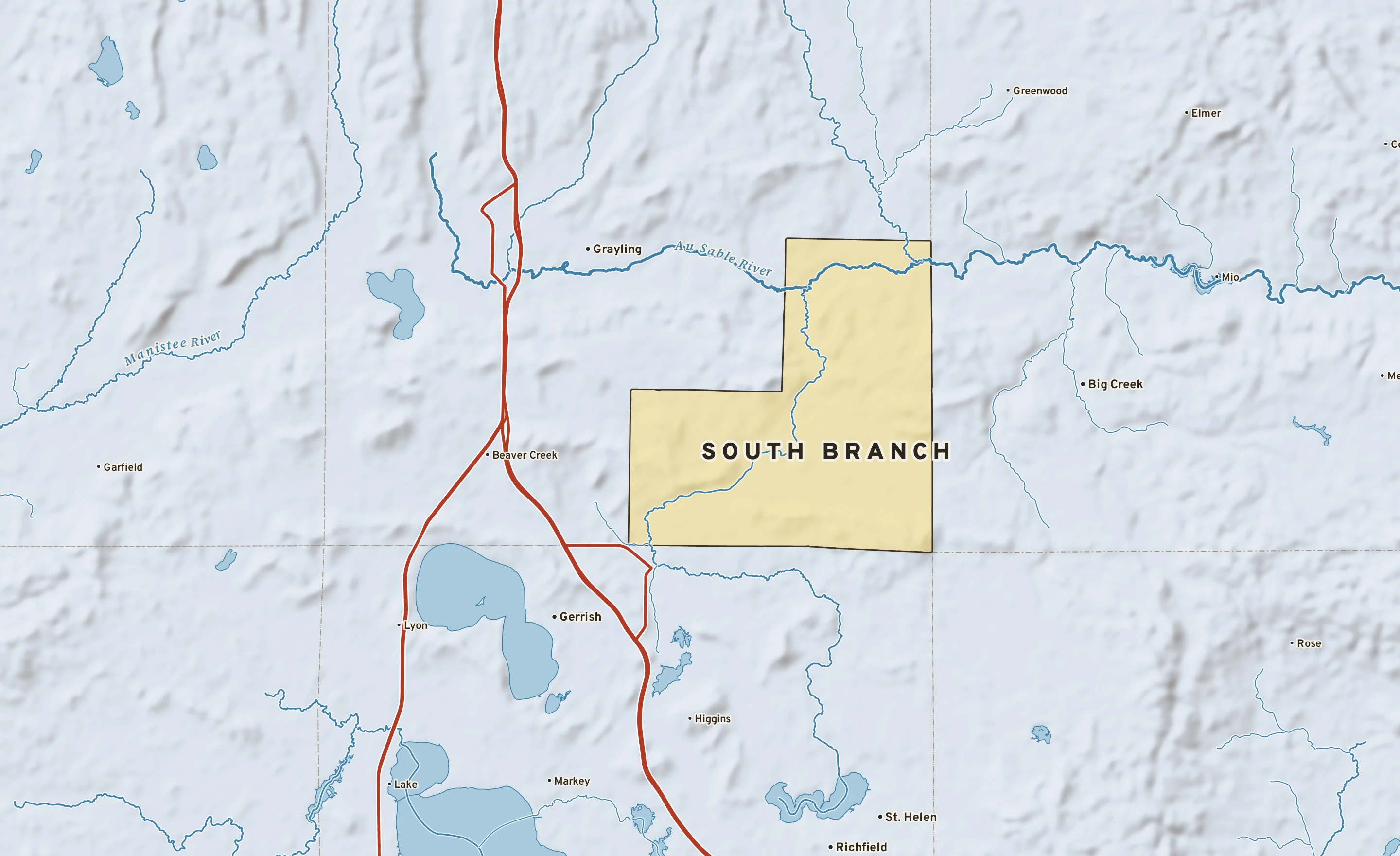 Shaded-relief atlas plate of South Branch, Michigan: rivers, roads, the city limits and where the water drains.