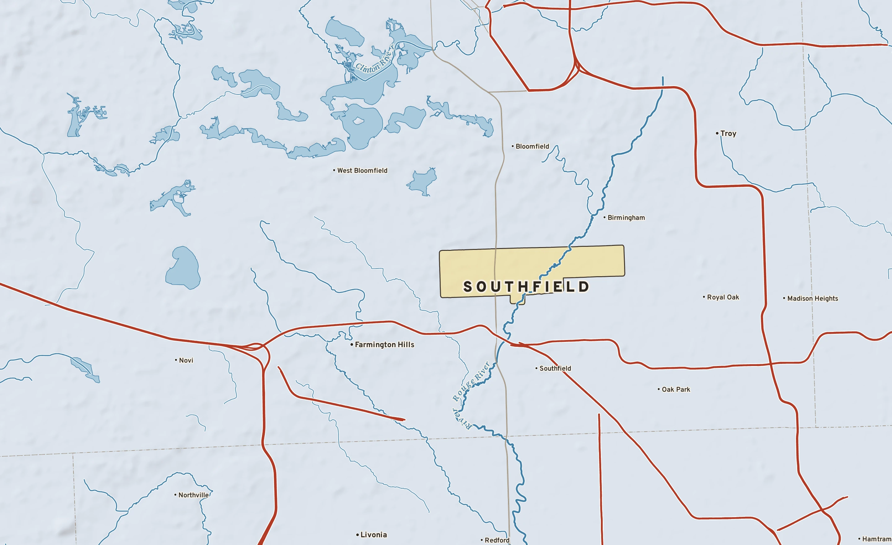 Shaded-relief atlas plate of Southfield, Michigan: rivers, roads, the city limits and where the water drains.