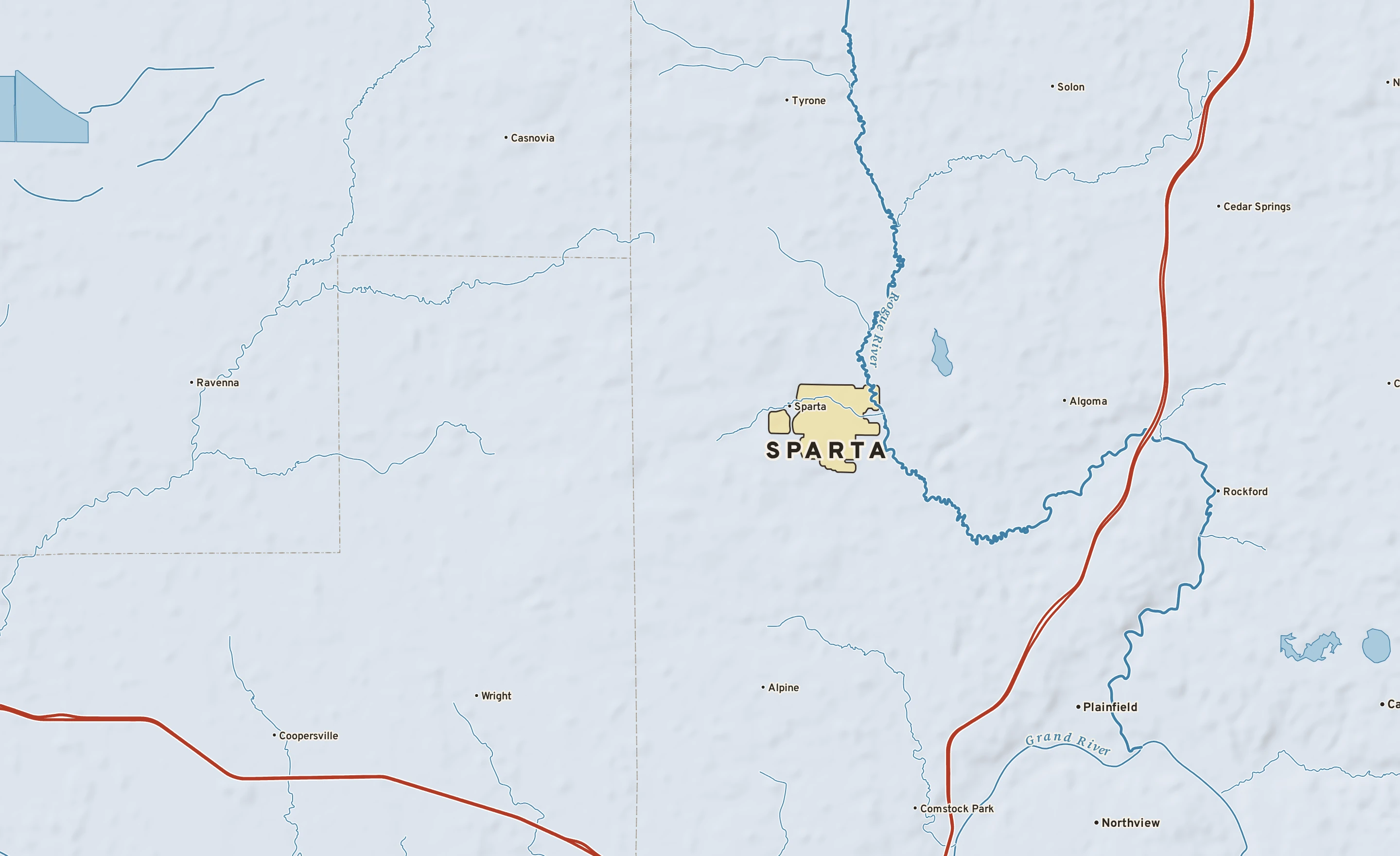 Shaded-relief atlas plate of Sparta, Michigan: rivers, roads, the city limits and where the water drains.