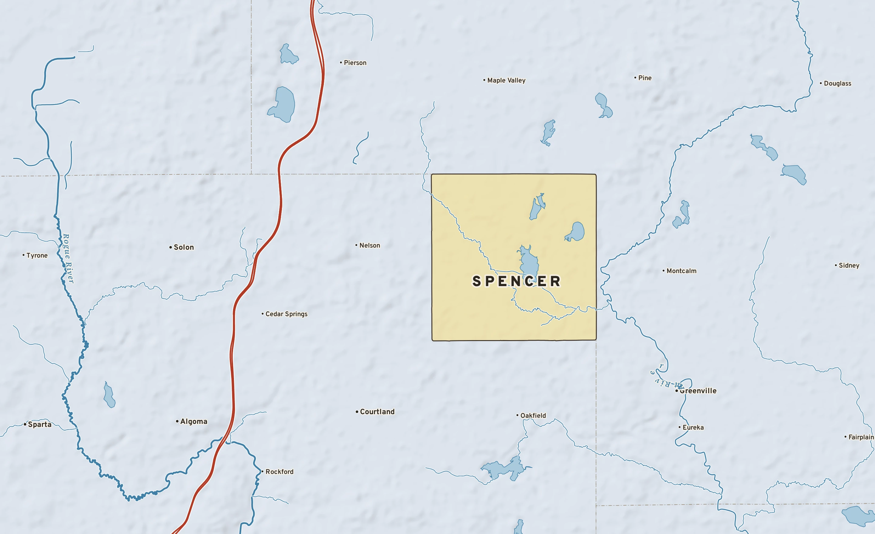 Shaded-relief atlas plate of Spencer, Michigan: rivers, roads, the city limits and where the water drains.