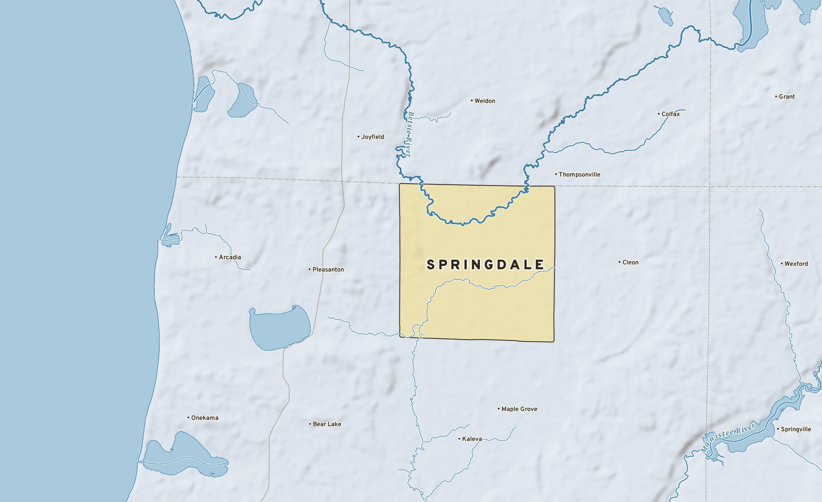 Shaded-relief atlas plate of Springdale, Michigan: rivers, roads, the city limits and where the water drains.