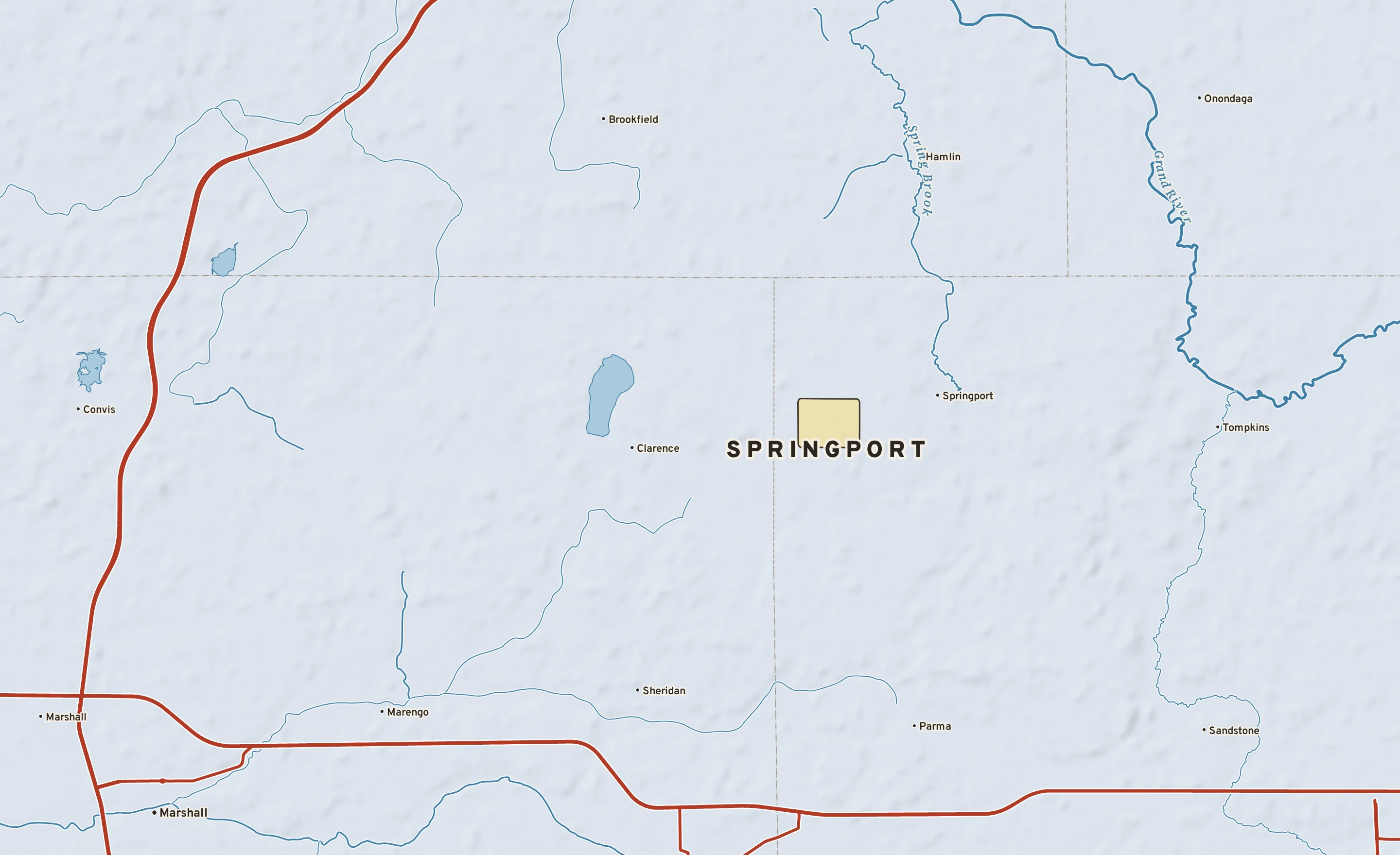 Shaded-relief atlas plate of Springport, Michigan: rivers, roads, the city limits and where the water drains.