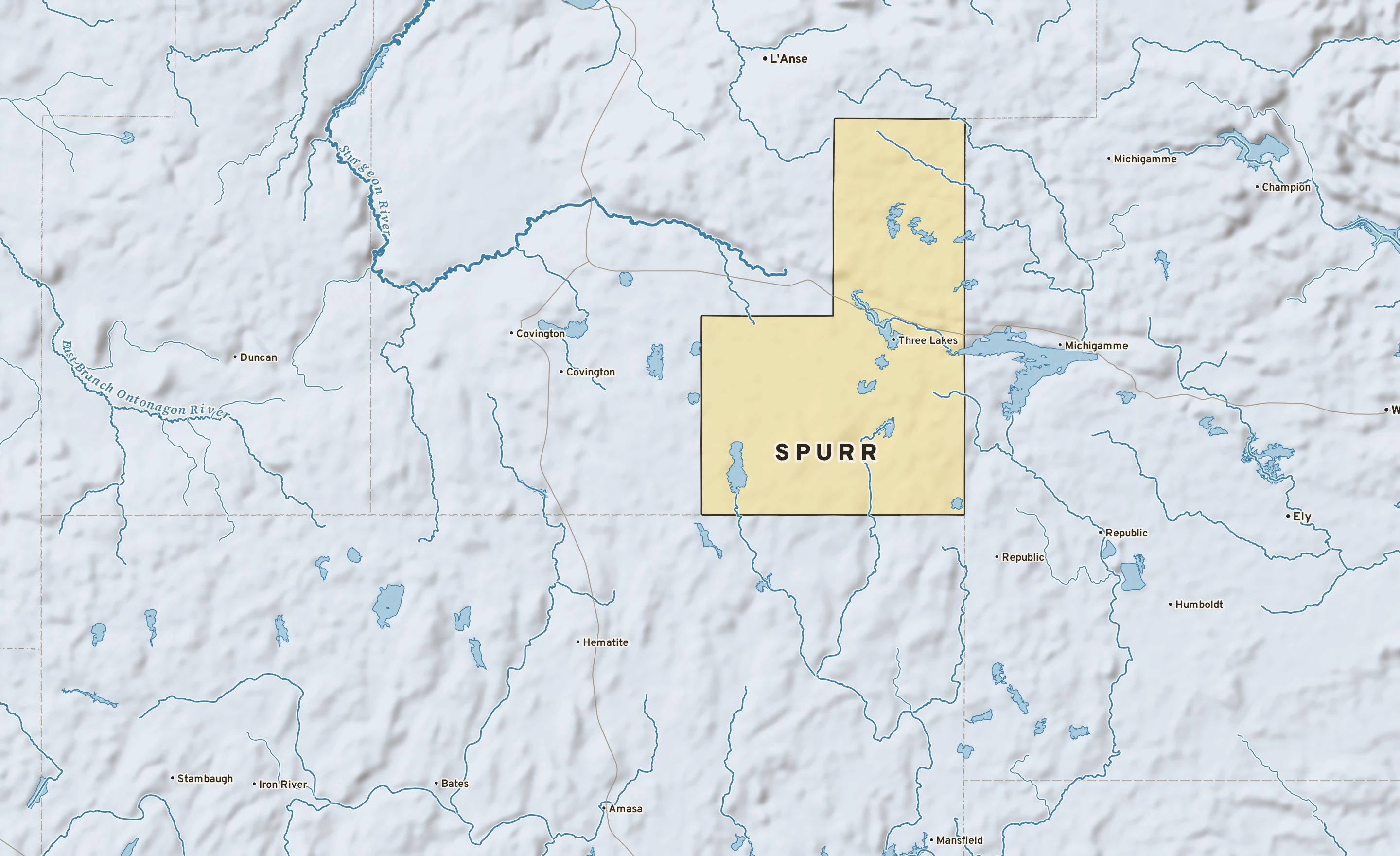 Shaded-relief atlas plate of Spurr, Michigan: rivers, roads, the city limits and where the water drains.