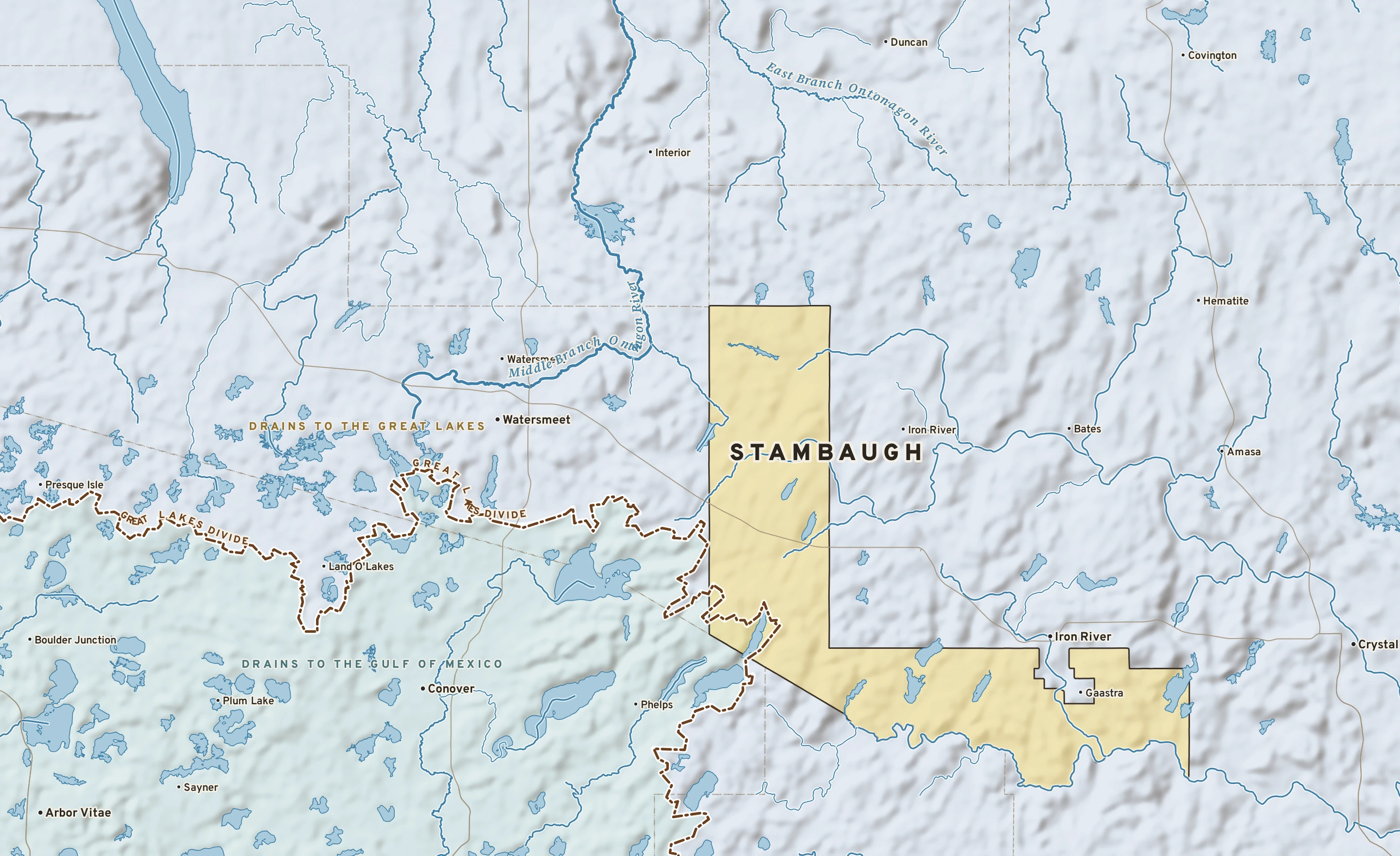 Shaded-relief atlas plate of Stambaugh, Michigan: rivers, roads, the city limits and where the water drains.