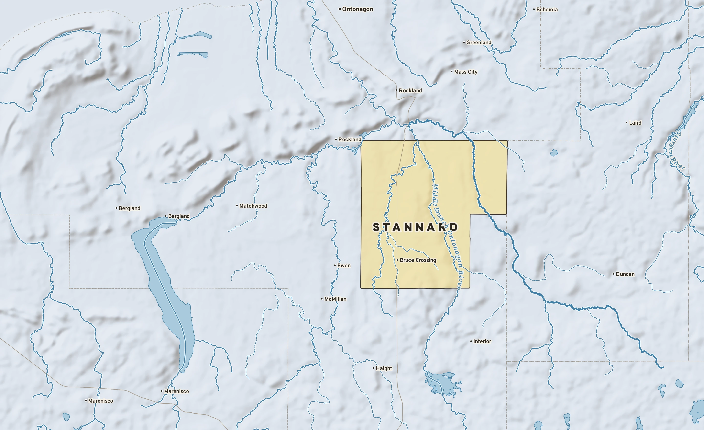 Shaded-relief atlas plate of Stannard, Michigan: rivers, roads, the city limits and where the water drains.