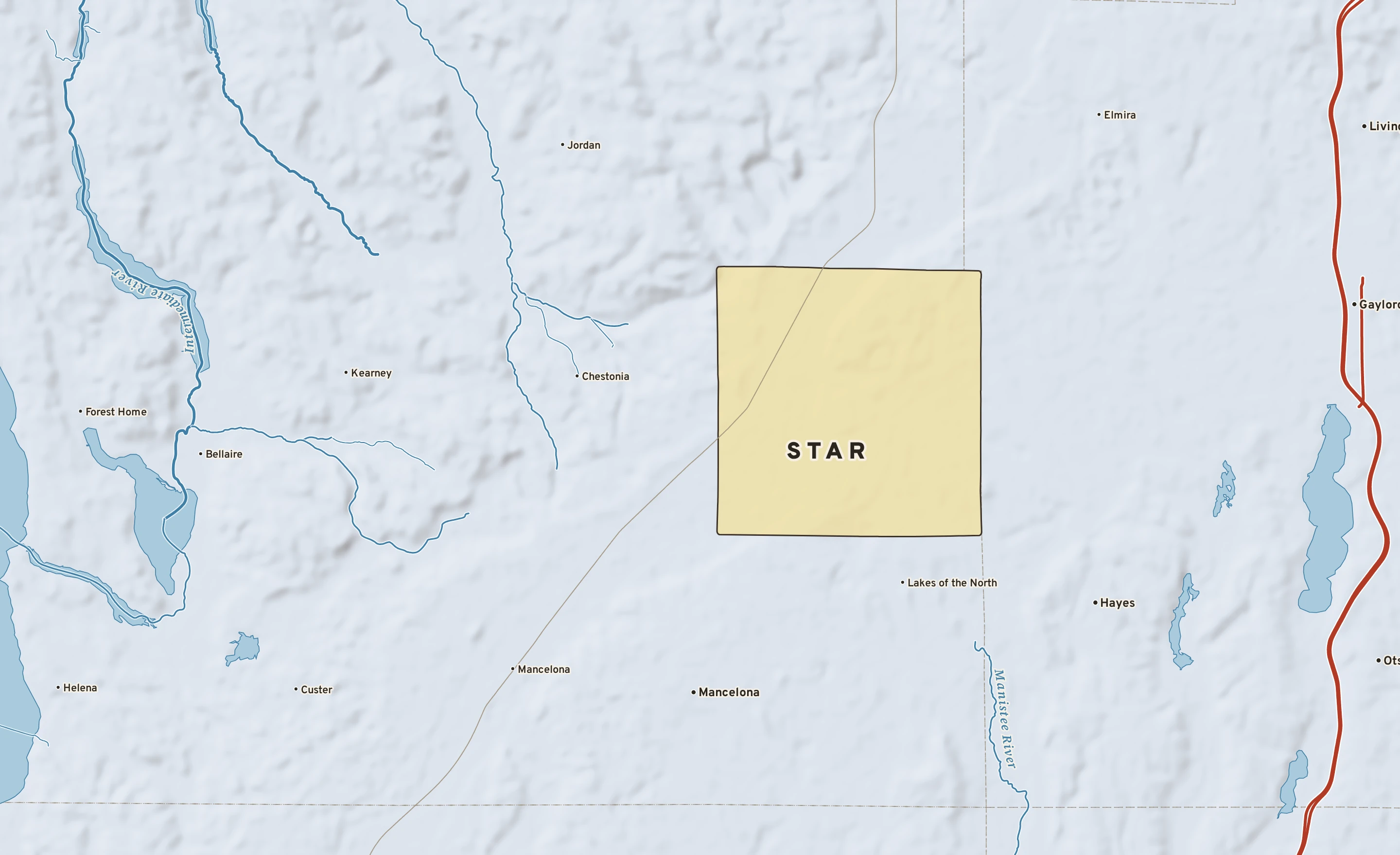Shaded-relief atlas plate of Star, Michigan: rivers, roads, the city limits and where the water drains.