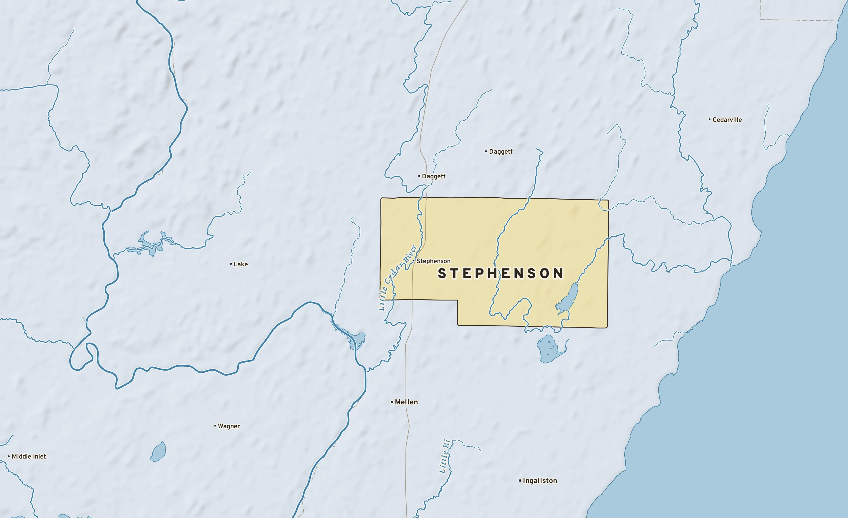 Shaded-relief atlas plate of Stephenson, Michigan: rivers, roads, the city limits and where the water drains.
