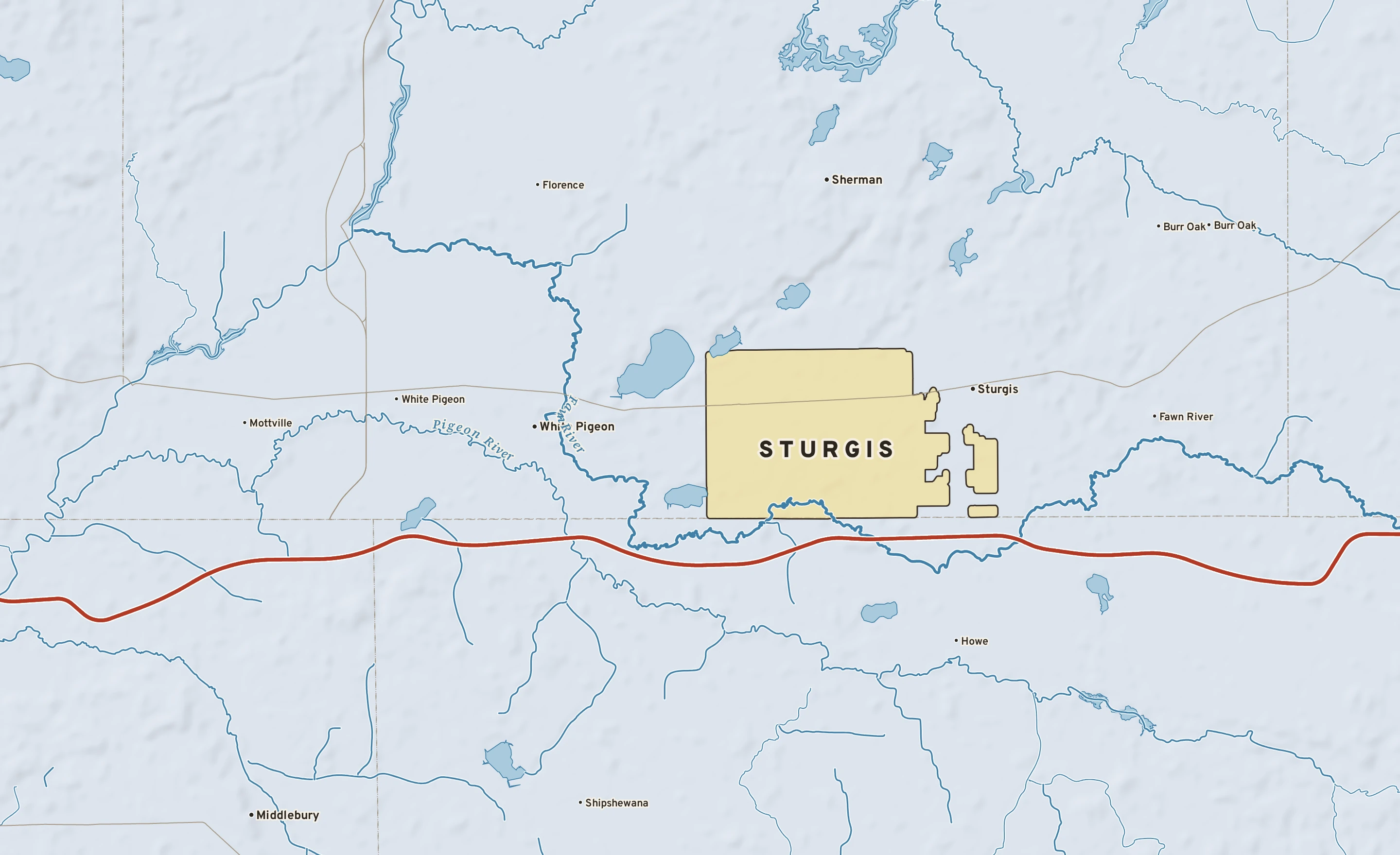 Shaded-relief atlas plate of Sturgis, Michigan: rivers, roads, the city limits and where the water drains.
