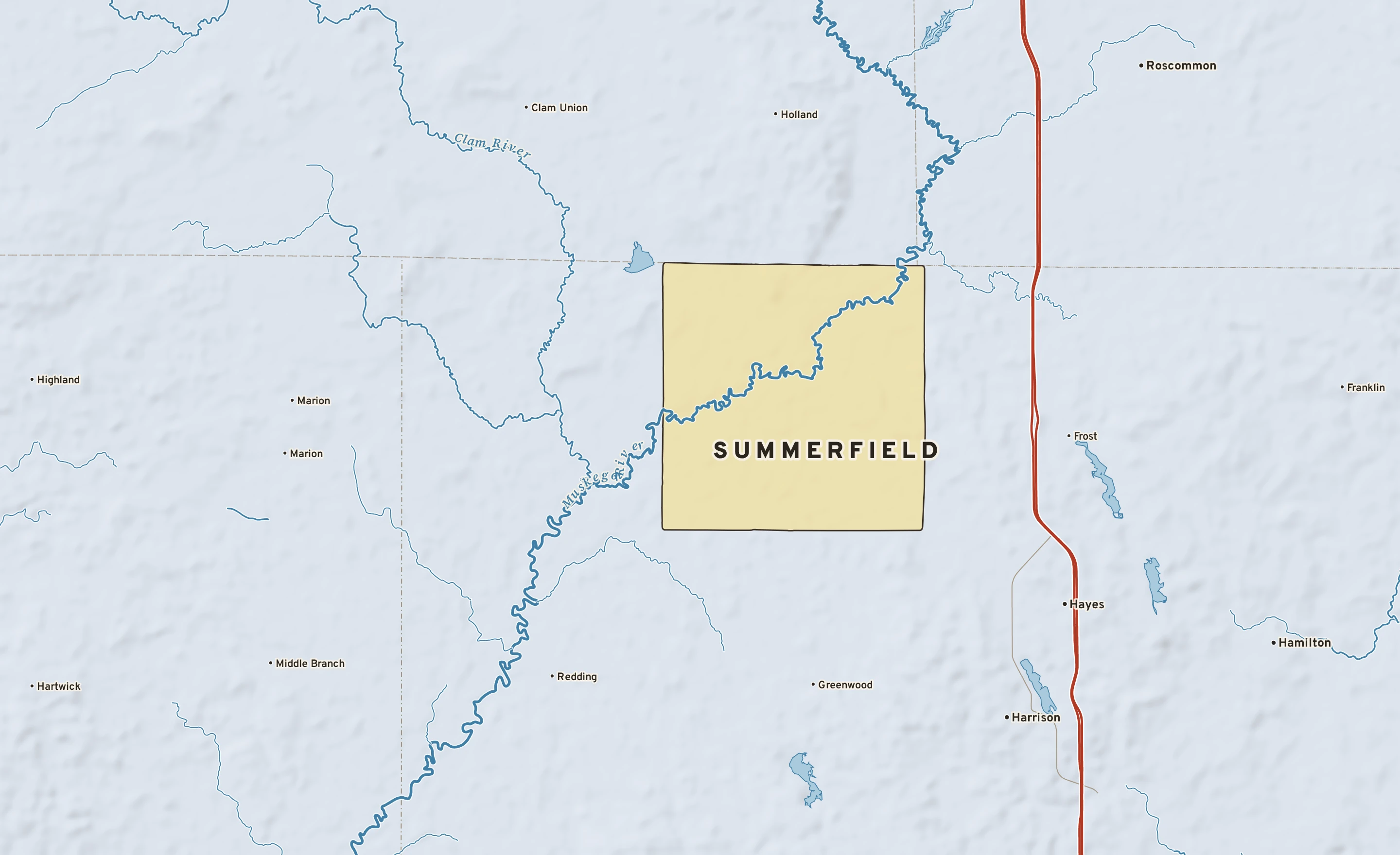 Shaded-relief atlas plate of Summerfield, Michigan: rivers, roads, the city limits and where the water drains.
