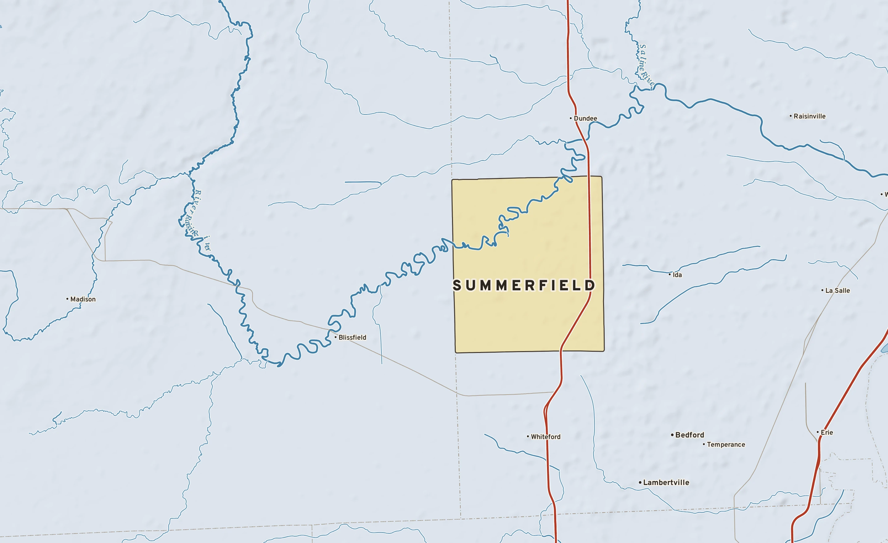 Shaded-relief atlas plate of Summerfield, Michigan: rivers, roads, the city limits and where the water drains.