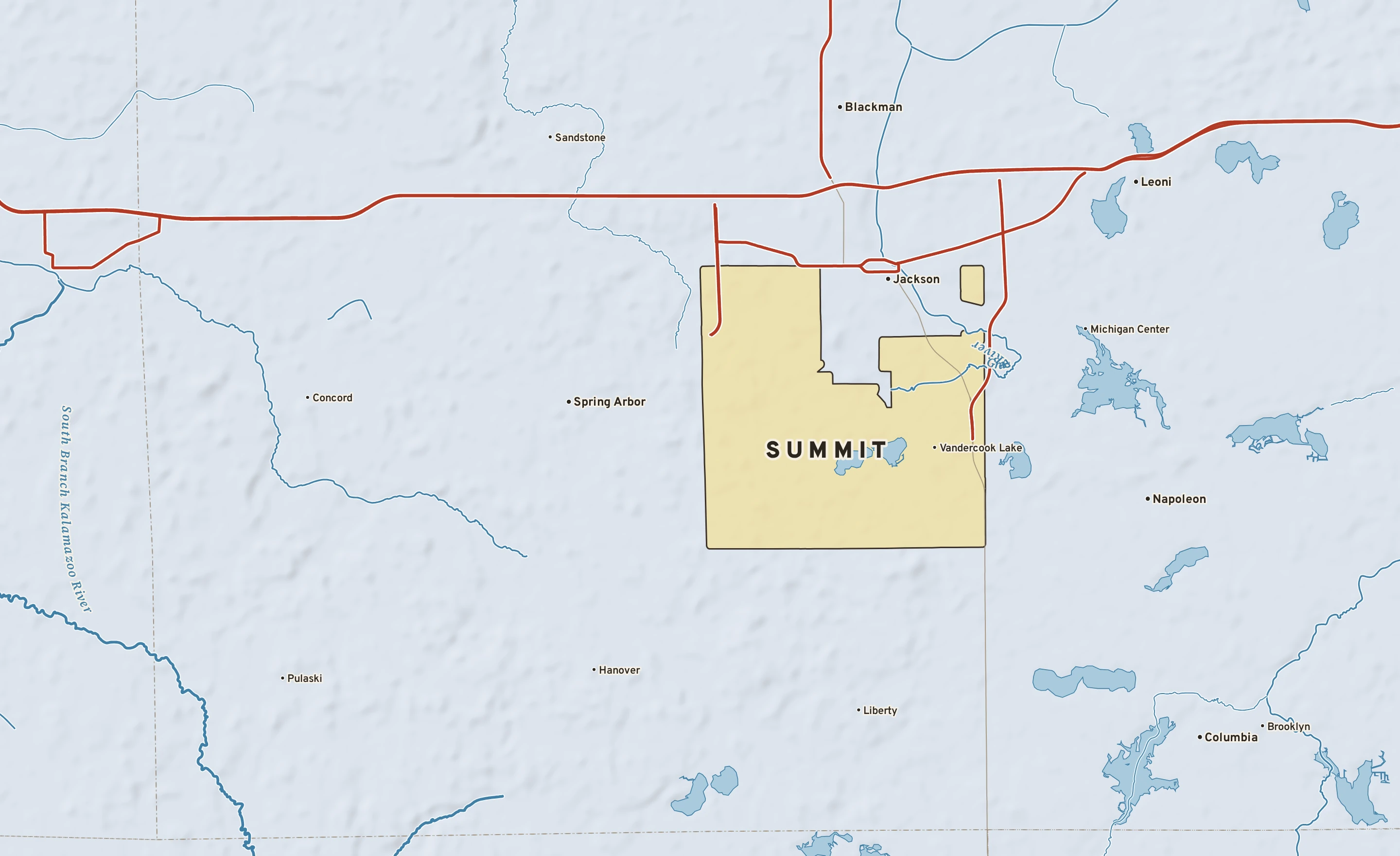 Shaded-relief atlas plate of Summit, Michigan: rivers, roads, the city limits and where the water drains.