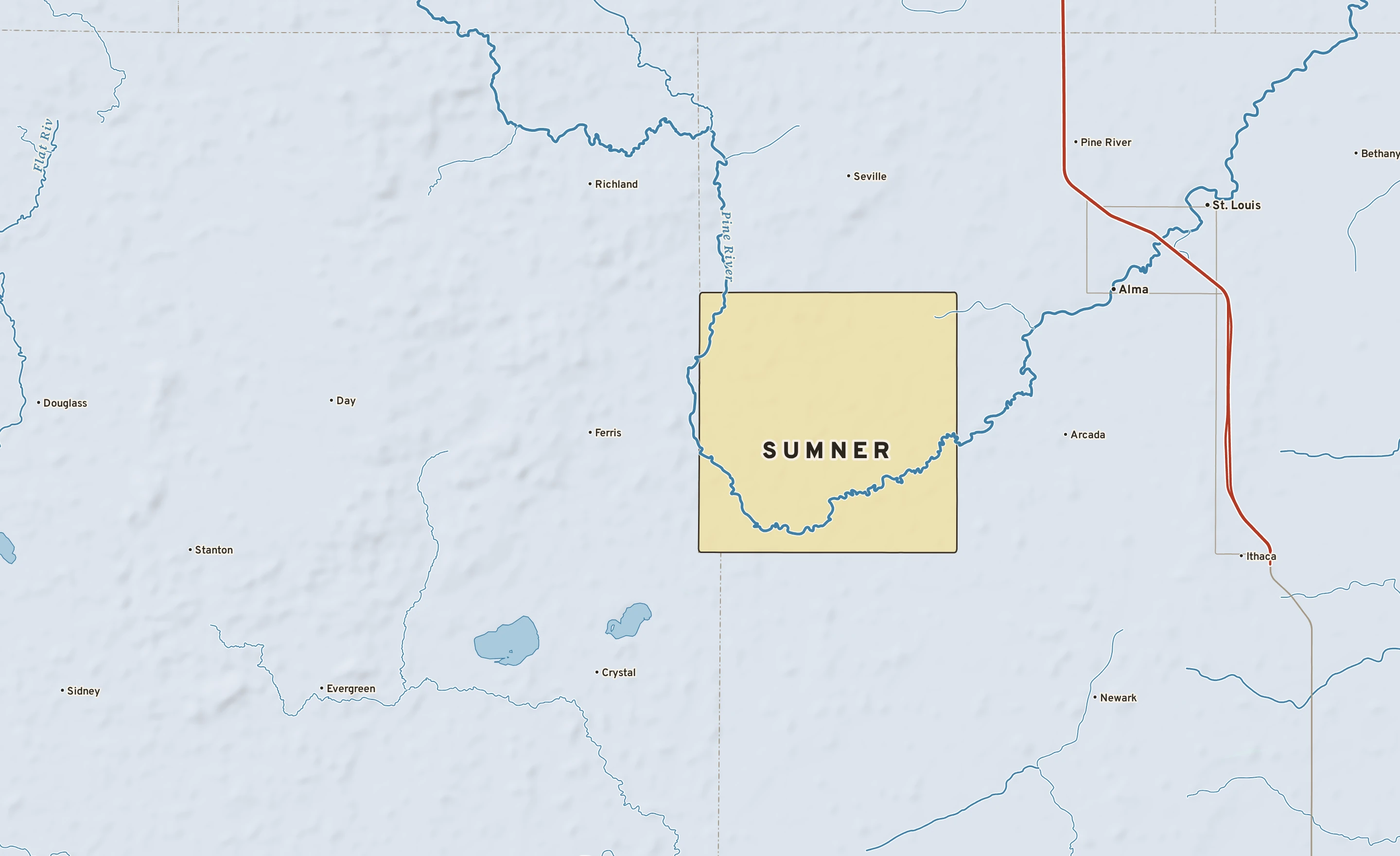 Shaded-relief atlas plate of Sumner, Michigan: rivers, roads, the city limits and where the water drains.