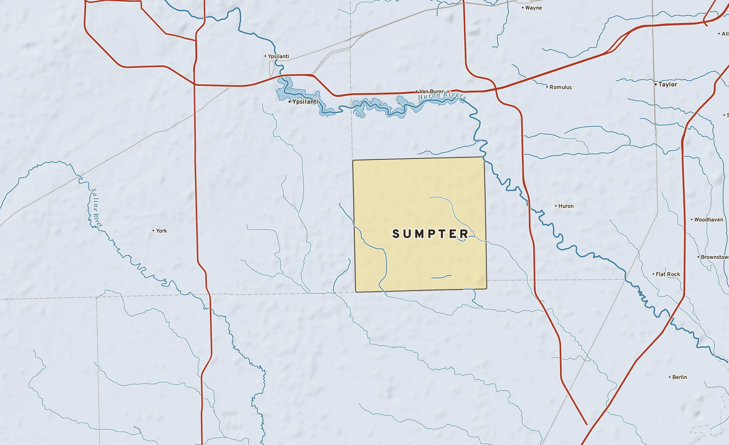 Shaded-relief atlas plate of Sumpter, Michigan: rivers, roads, the city limits and where the water drains.
