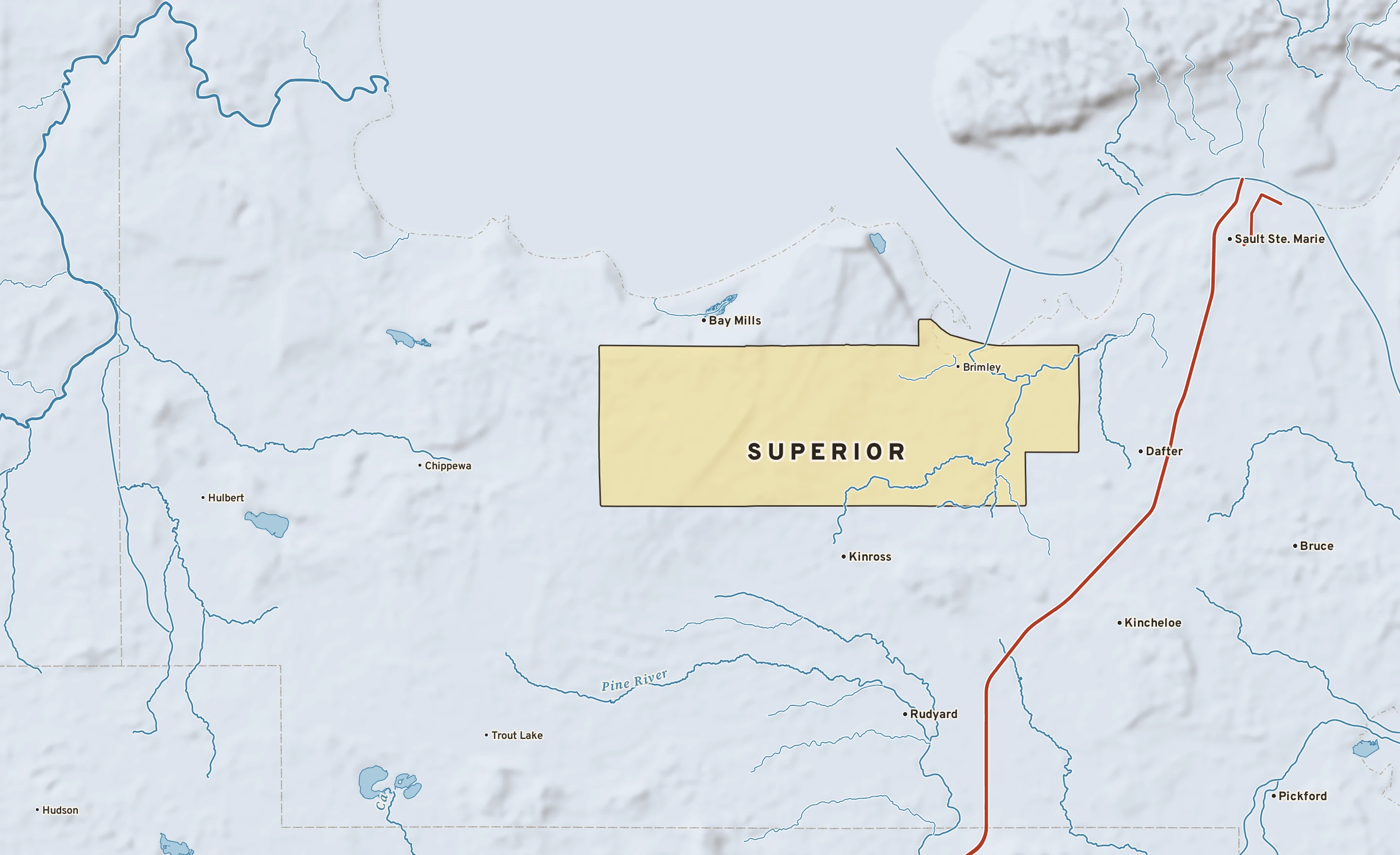 Shaded-relief atlas plate of Superior, Michigan: rivers, roads, the city limits and where the water drains.