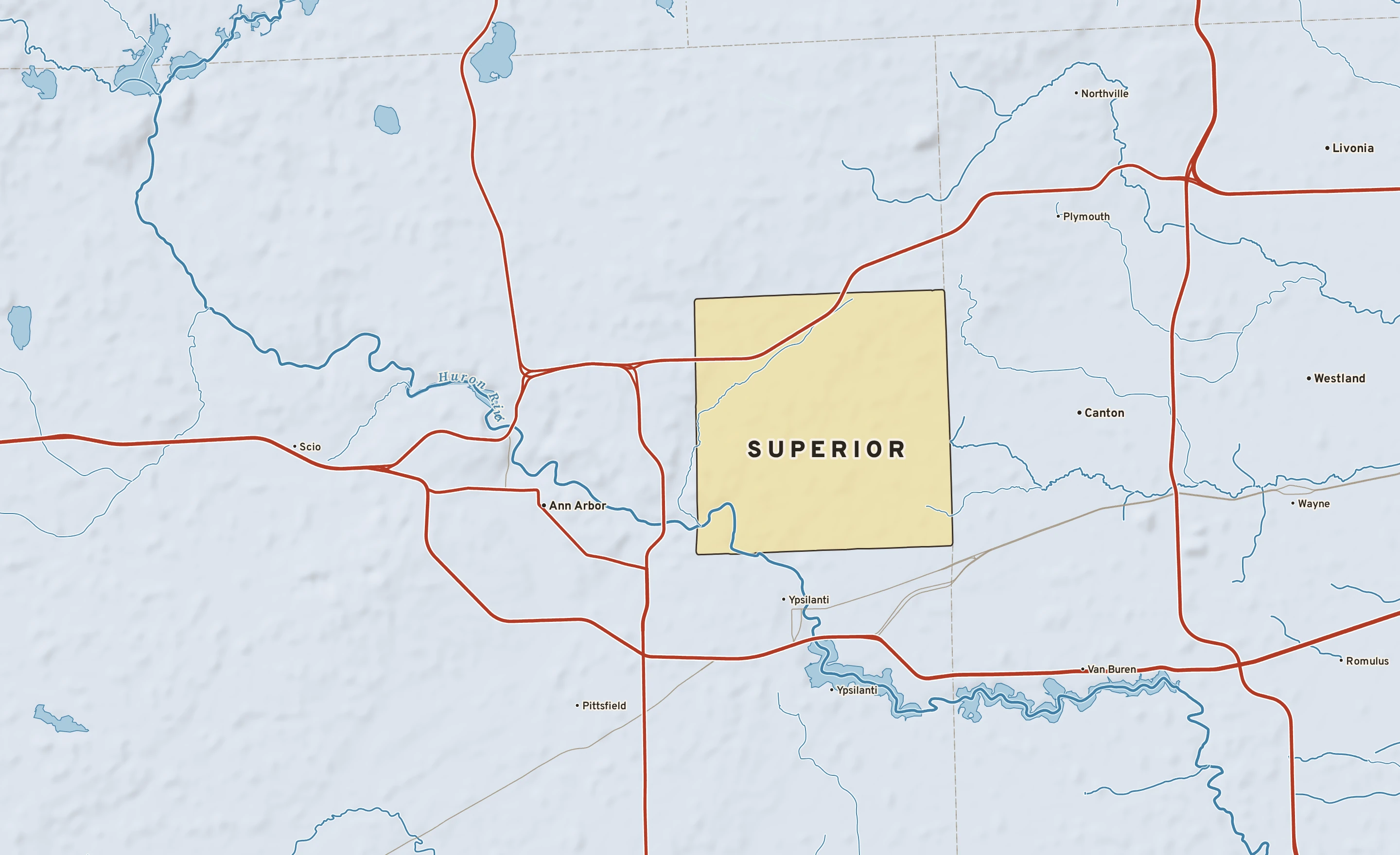Shaded-relief atlas plate of Superior, Michigan: rivers, roads, the city limits and where the water drains.