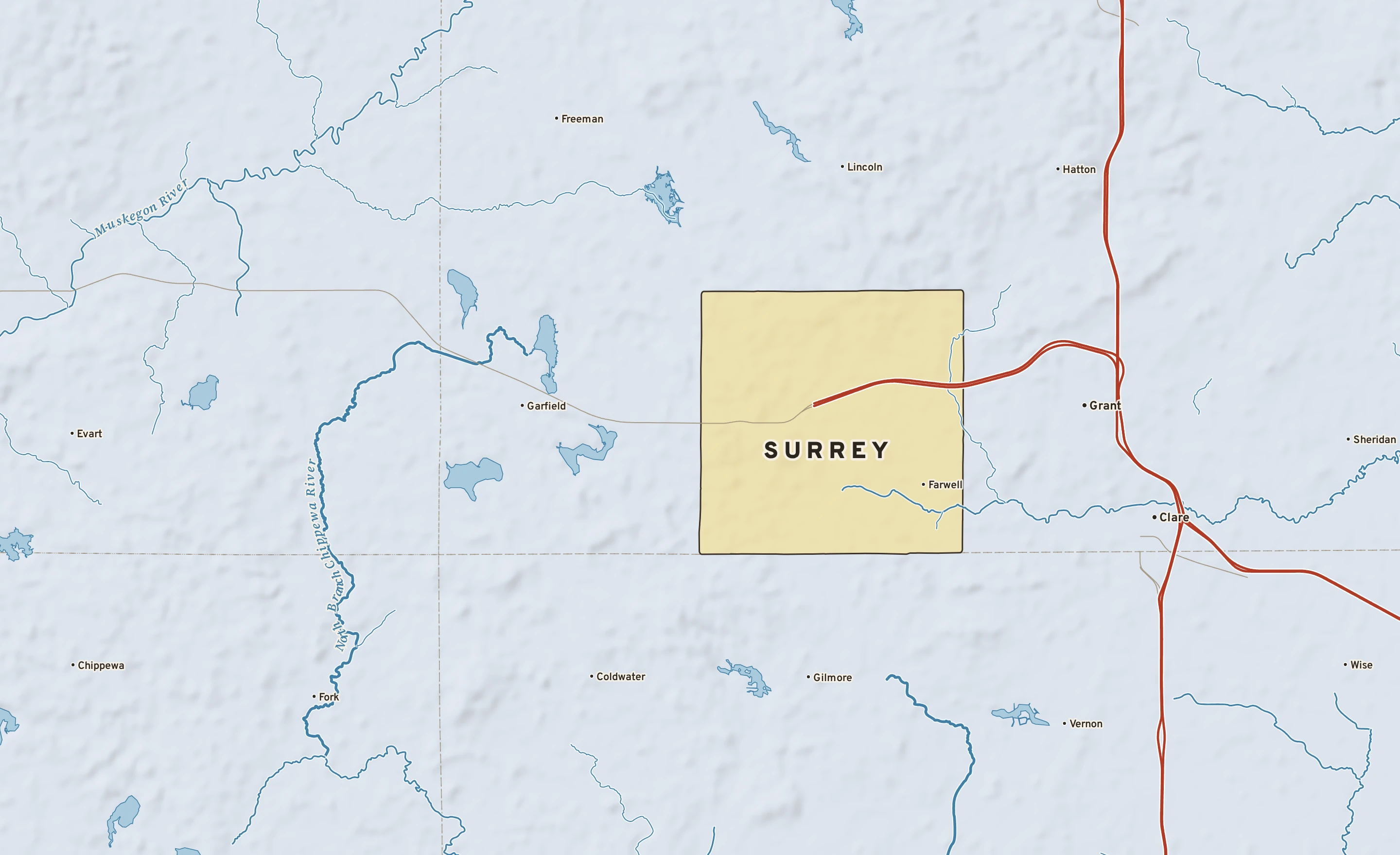 Shaded-relief atlas plate of Surrey, Michigan: rivers, roads, the city limits and where the water drains.
