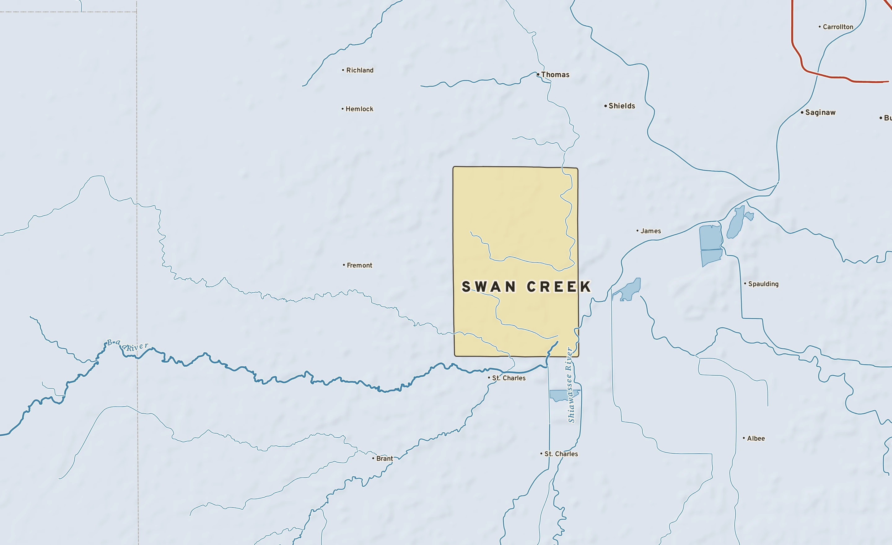 Shaded-relief atlas plate of Swan Creek, Michigan: rivers, roads, the city limits and where the water drains.
