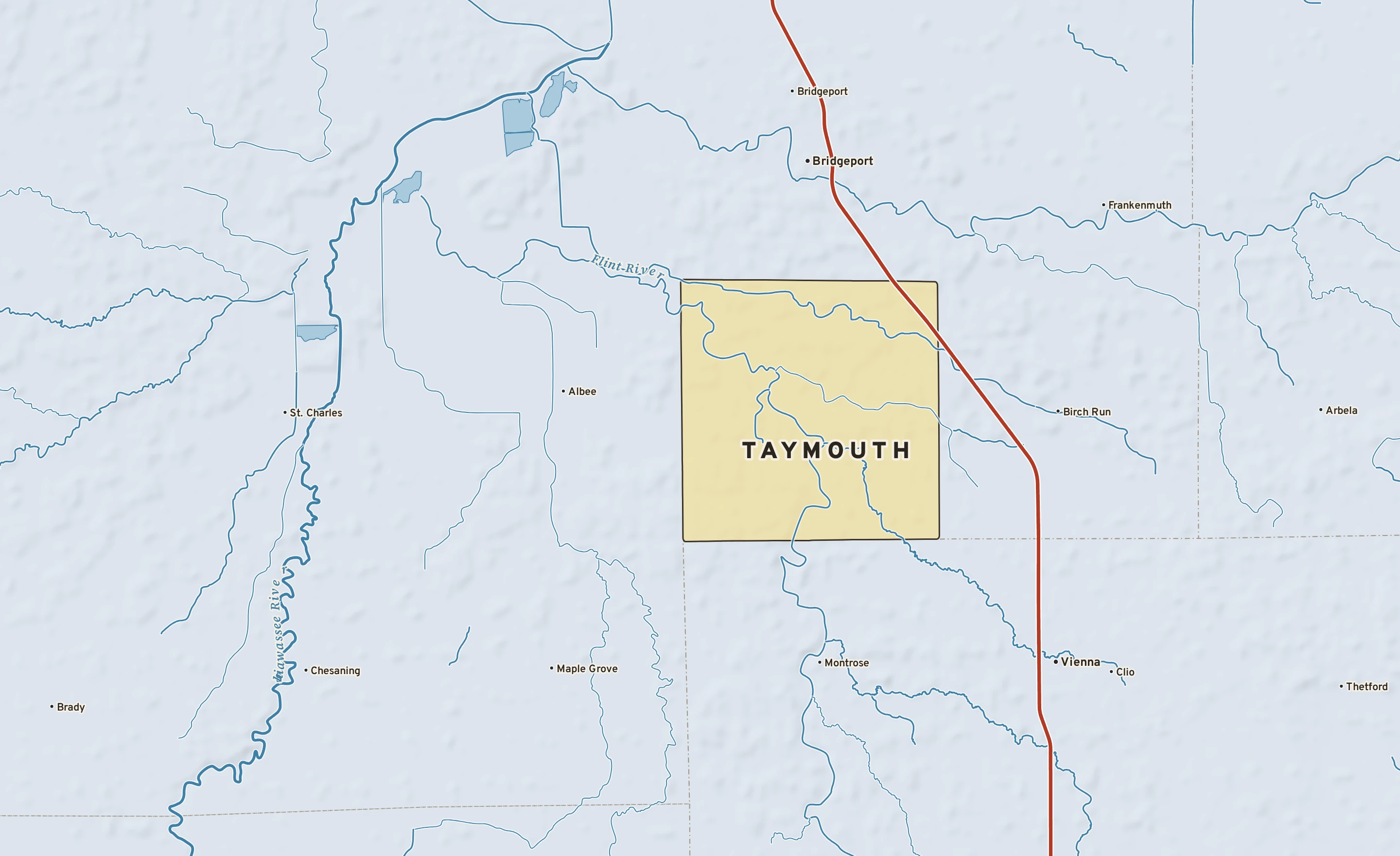 Shaded-relief atlas plate of Taymouth, Michigan: rivers, roads, the city limits and where the water drains.