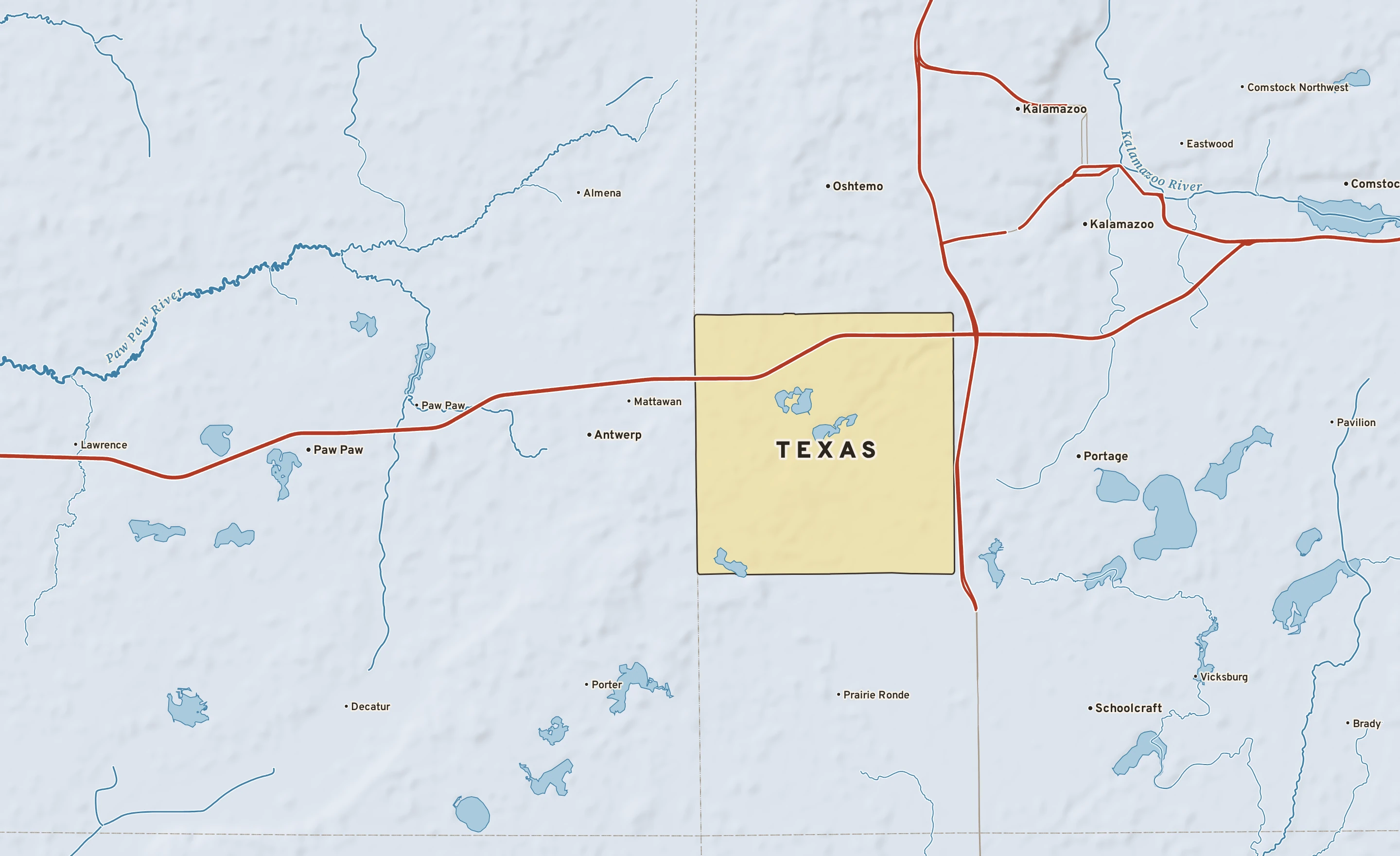 Shaded-relief atlas plate of Texas, Michigan: rivers, roads, the city limits and where the water drains.