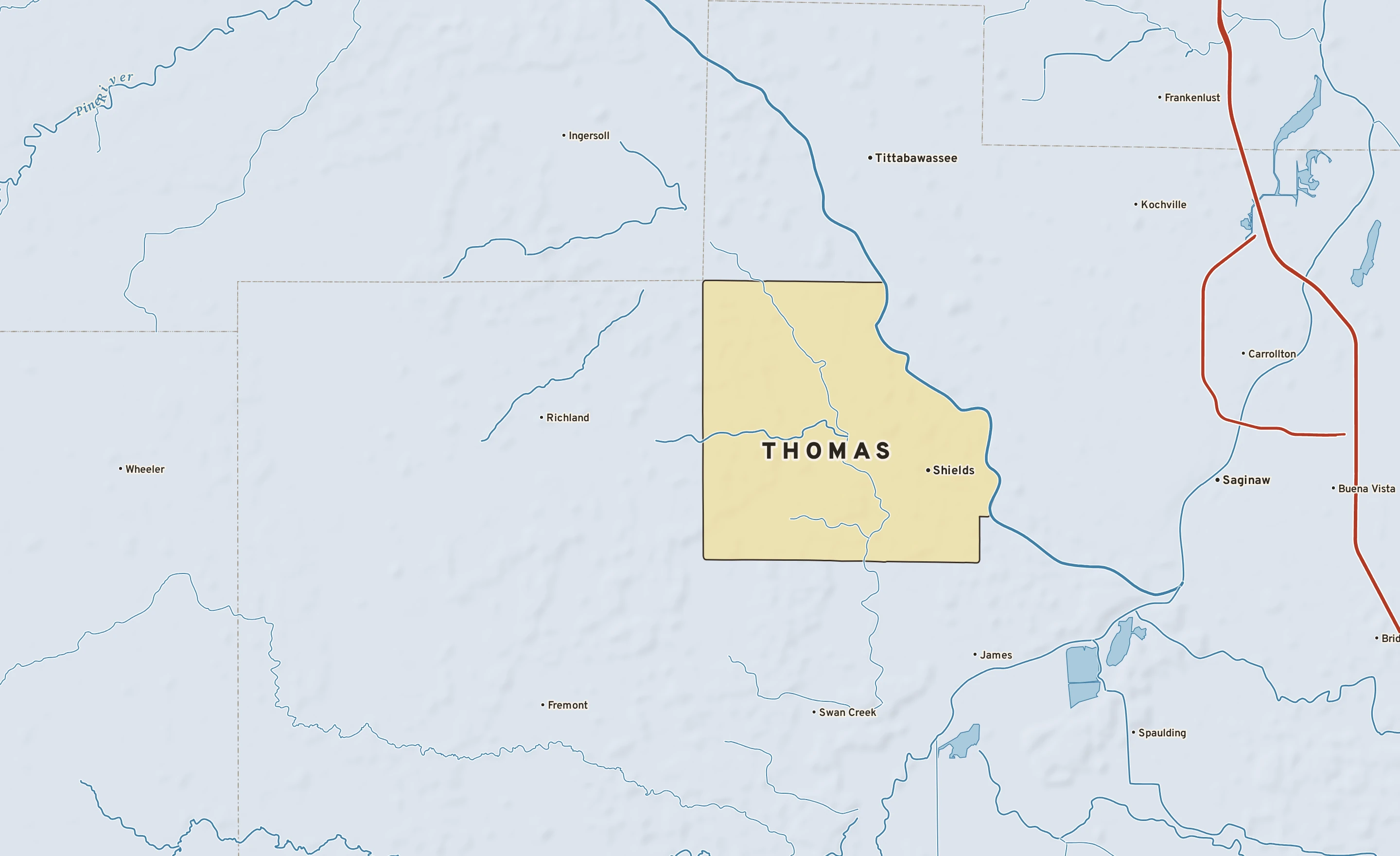 Shaded-relief atlas plate of Thomas, Michigan: rivers, roads, the city limits and where the water drains.