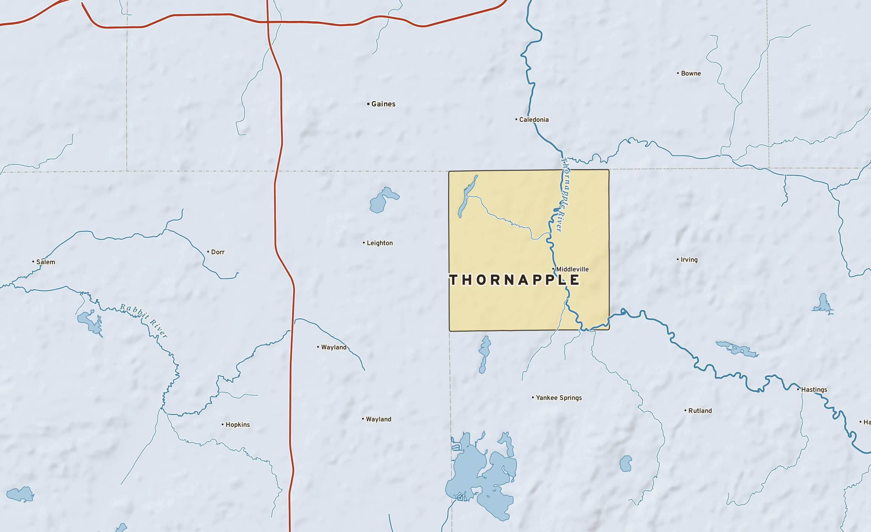 Shaded-relief atlas plate of Thornapple, Michigan: rivers, roads, the city limits and where the water drains.