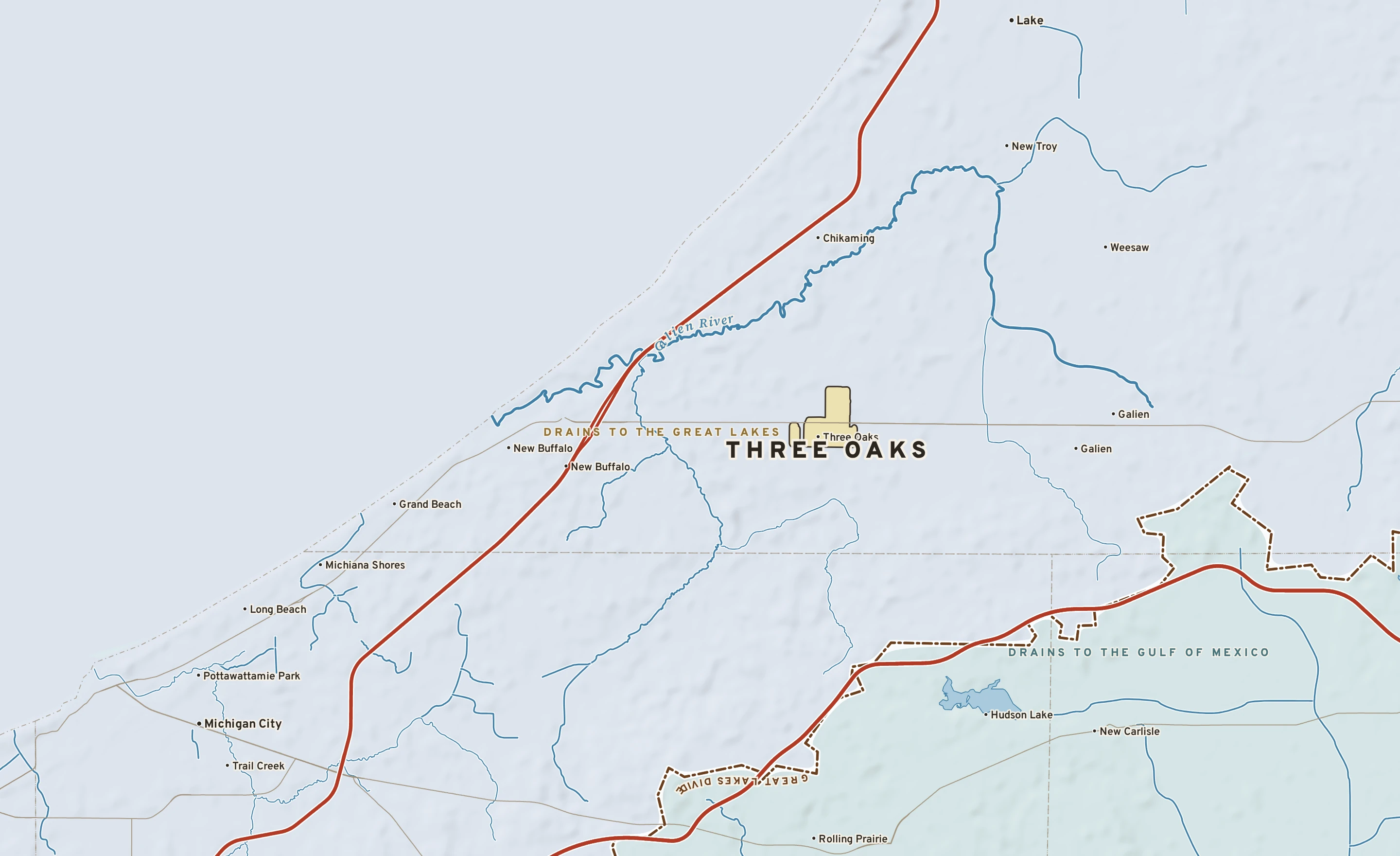 Shaded-relief atlas plate of Three Oaks, Michigan: rivers, roads, the city limits and where the water drains.