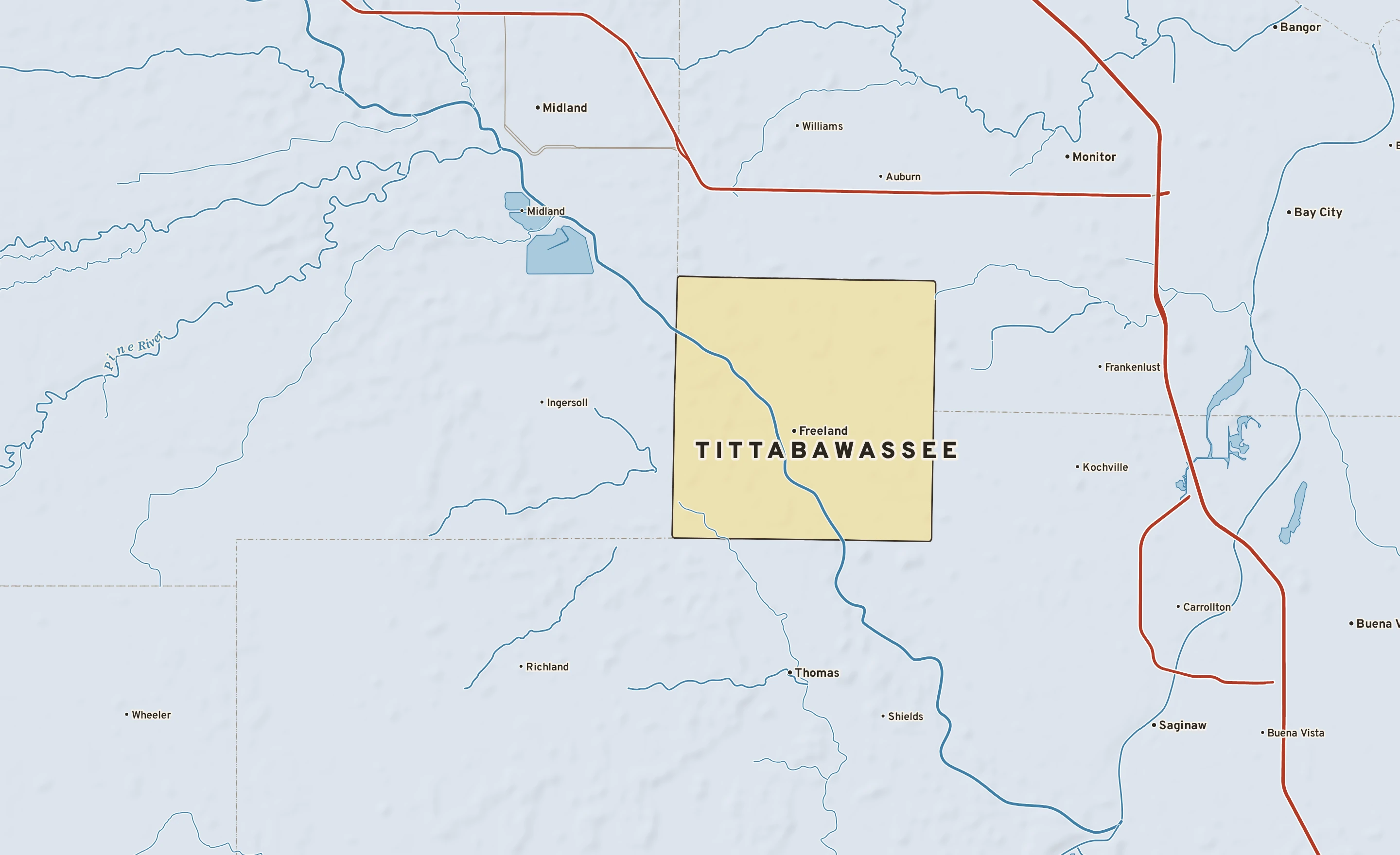 Shaded-relief atlas plate of Tittabawassee, Michigan: rivers, roads, the city limits and where the water drains.