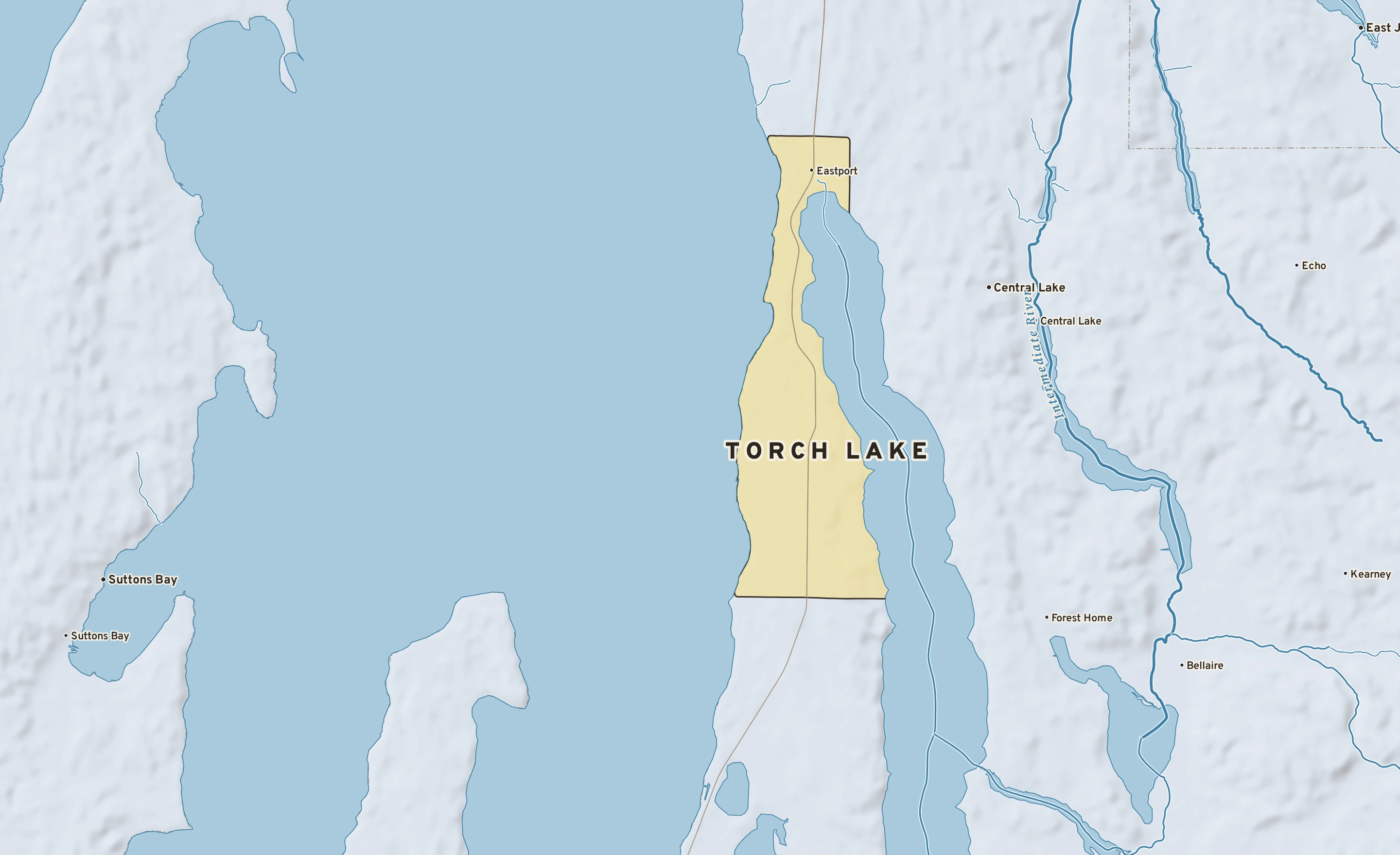 Shaded-relief atlas plate of Torch Lake, Michigan: rivers, roads, the city limits and where the water drains.