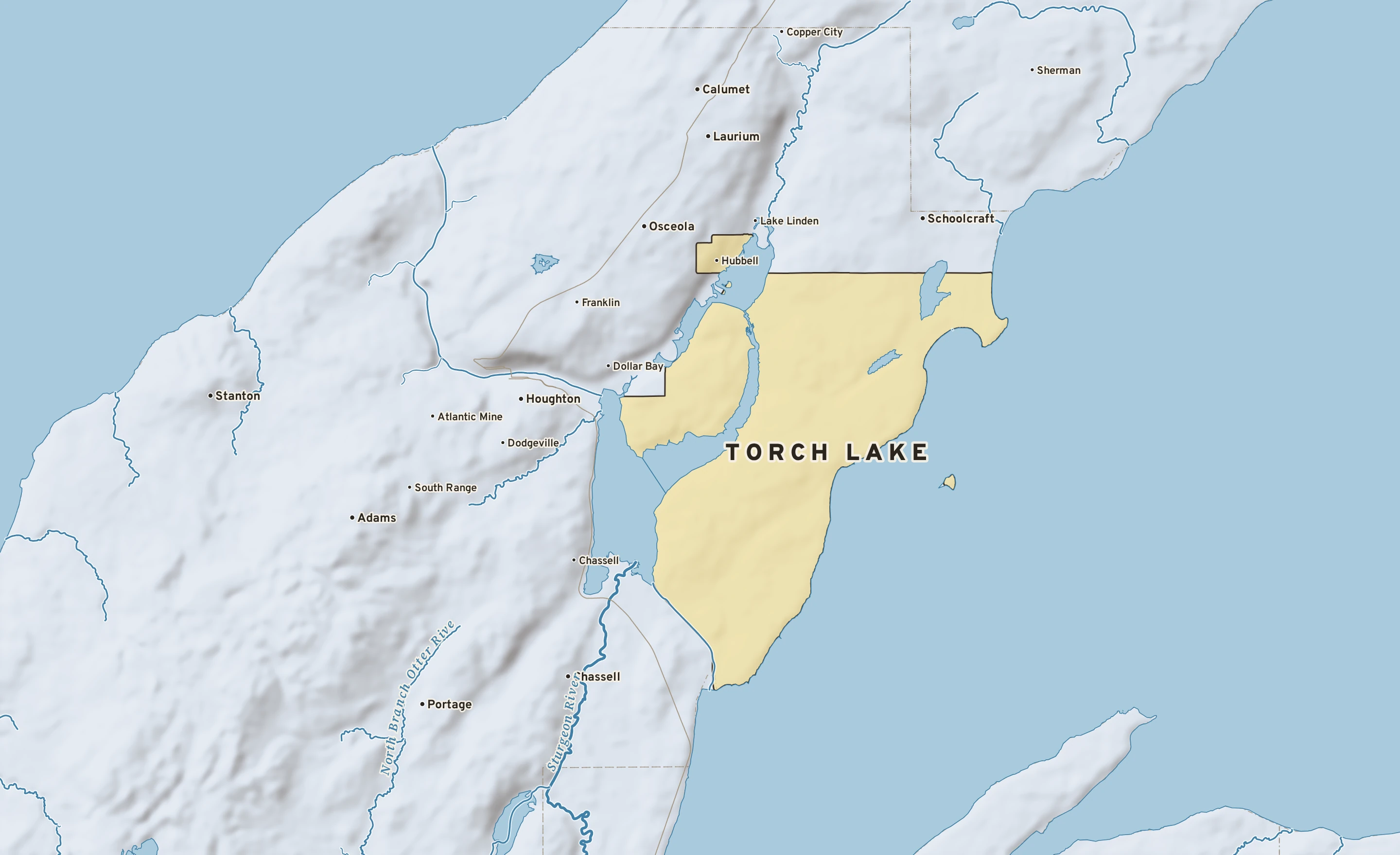 Shaded-relief atlas plate of Torch Lake, Michigan: rivers, roads, the city limits and where the water drains.