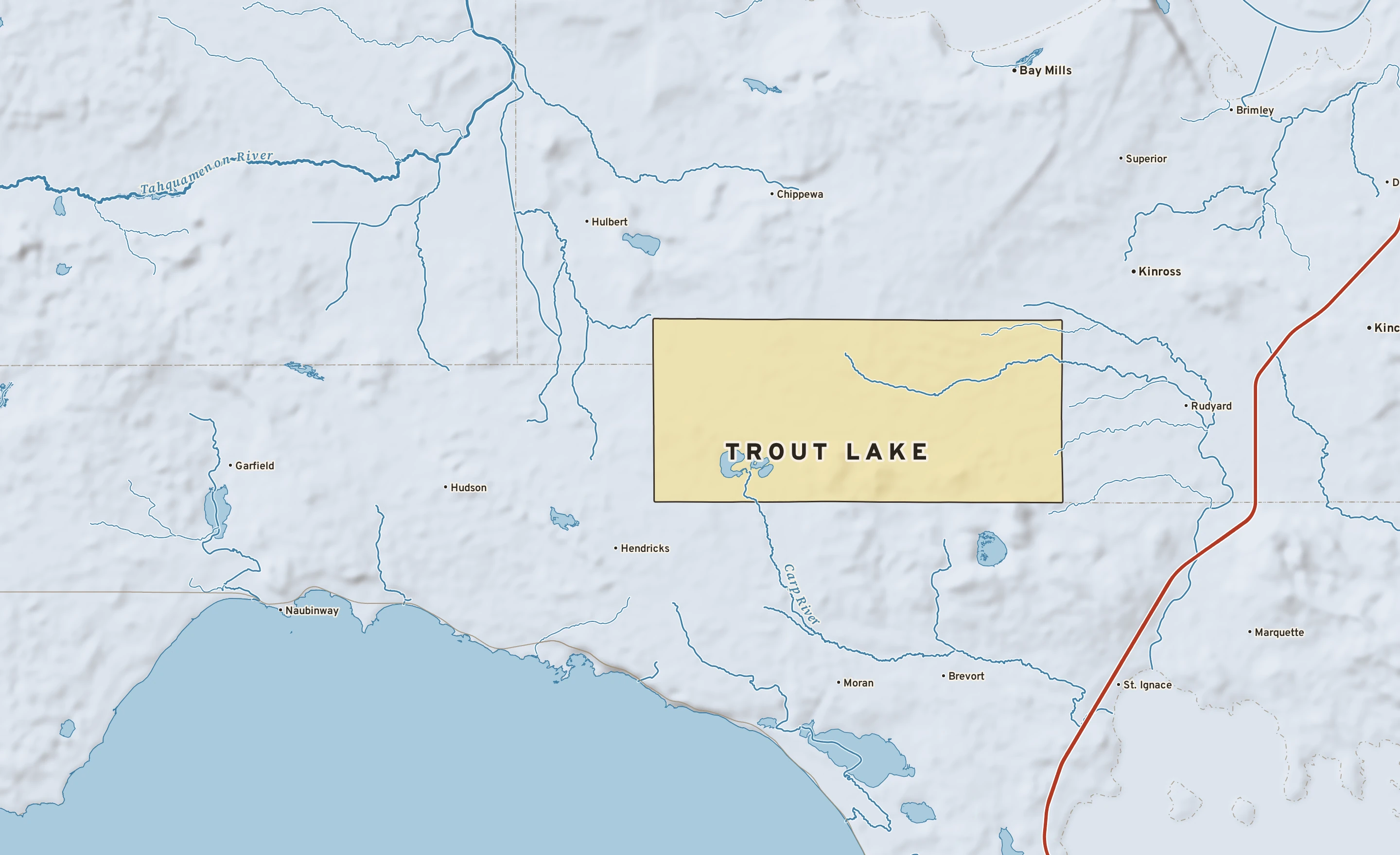 Shaded-relief atlas plate of Trout Lake, Michigan: rivers, roads, the city limits and where the water drains.