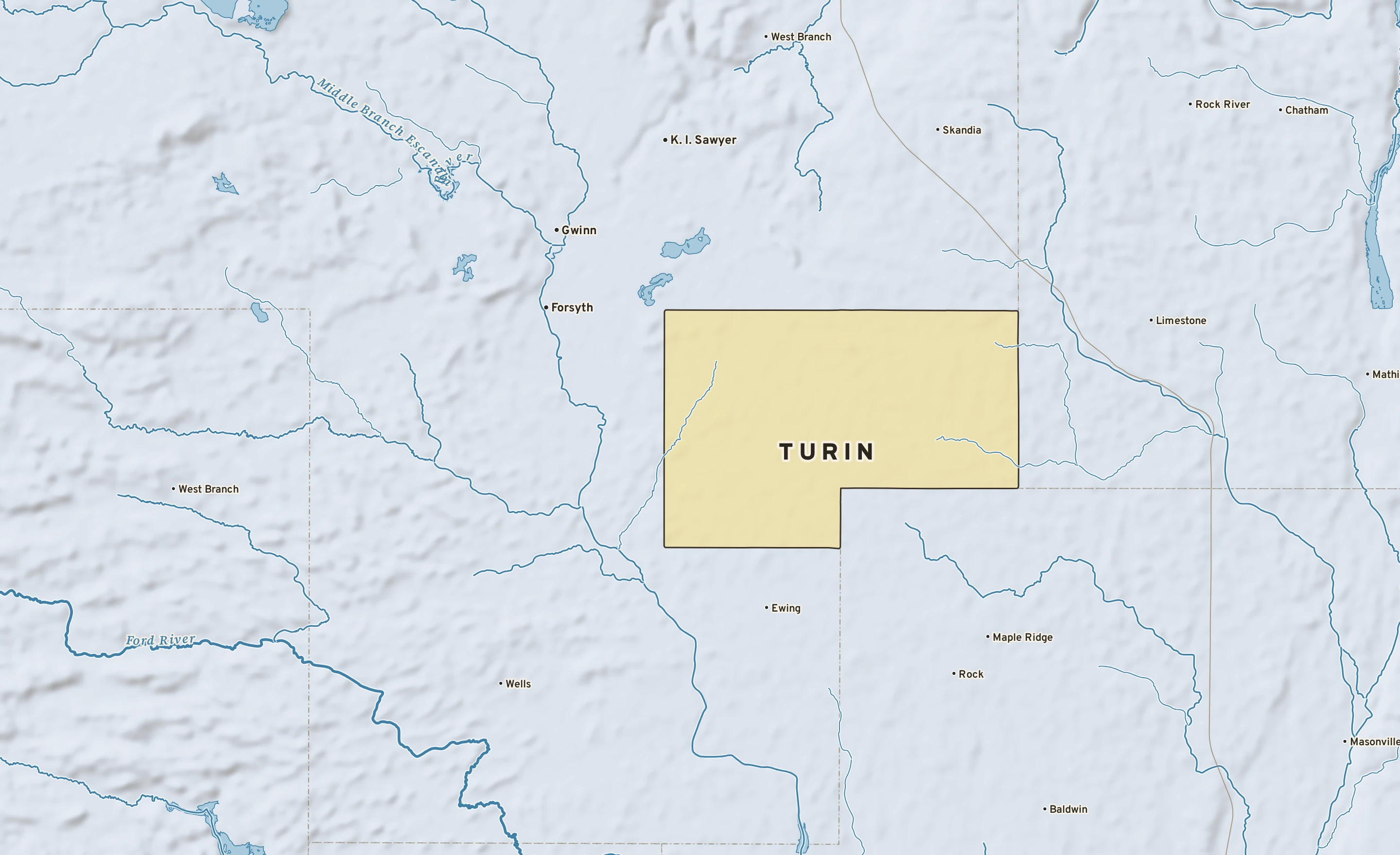 Shaded-relief atlas plate of Turin, Michigan: rivers, roads, the city limits and where the water drains.