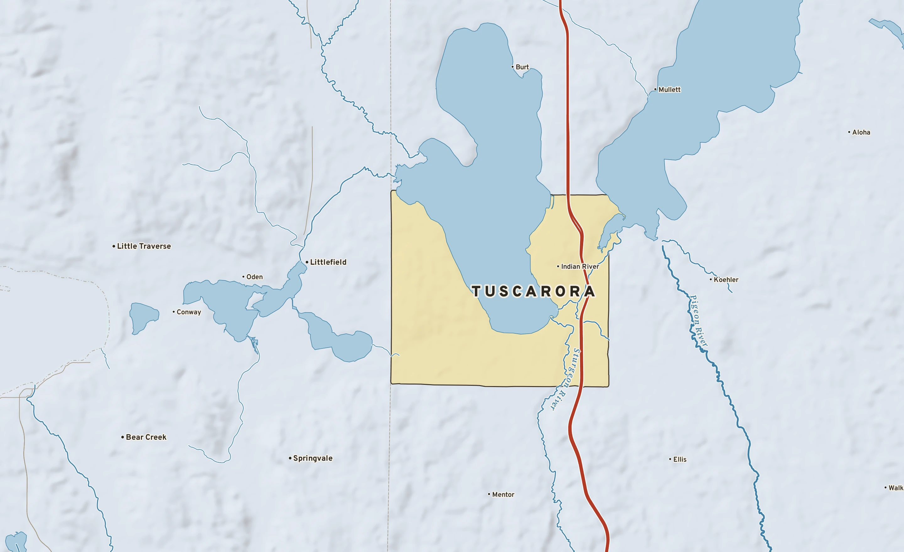 Shaded-relief atlas plate of Tuscarora, Michigan: rivers, roads, the city limits and where the water drains.